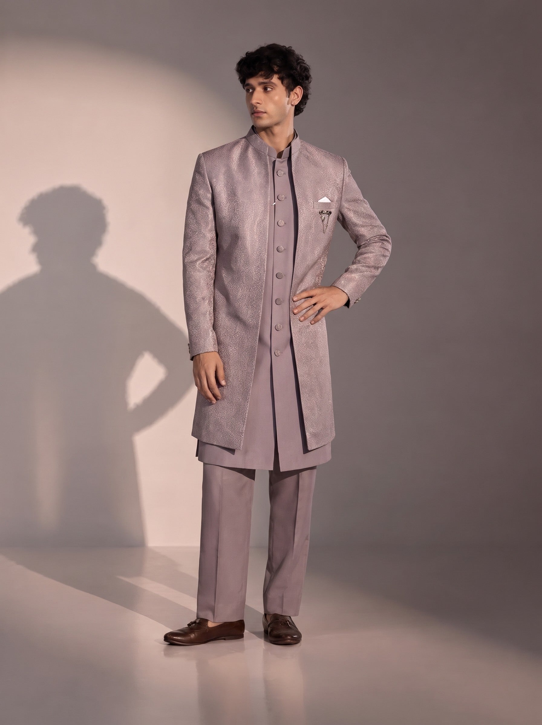 Lavender jacquard silk indowestern for men - front view