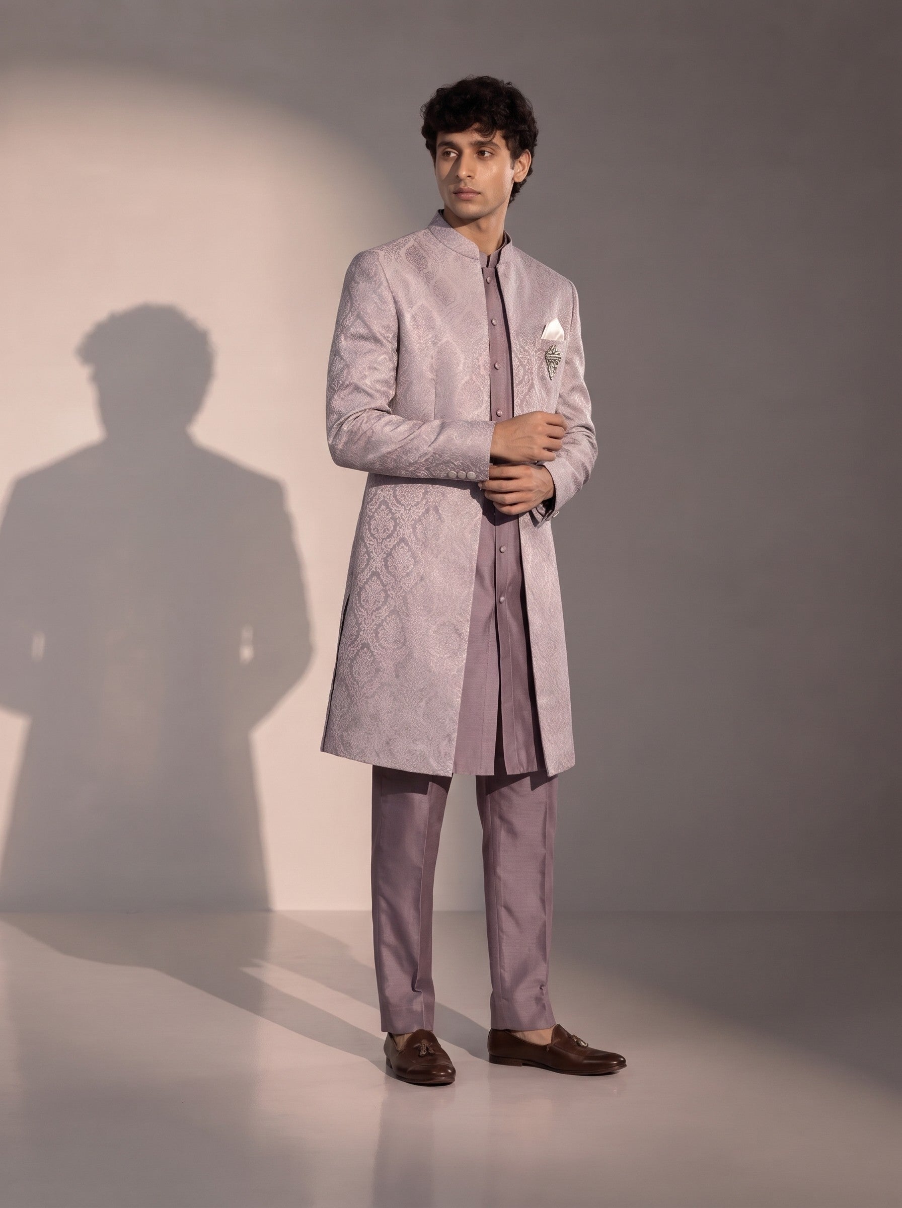 Lavender jacquard silk indowestern for men - three-quarter view