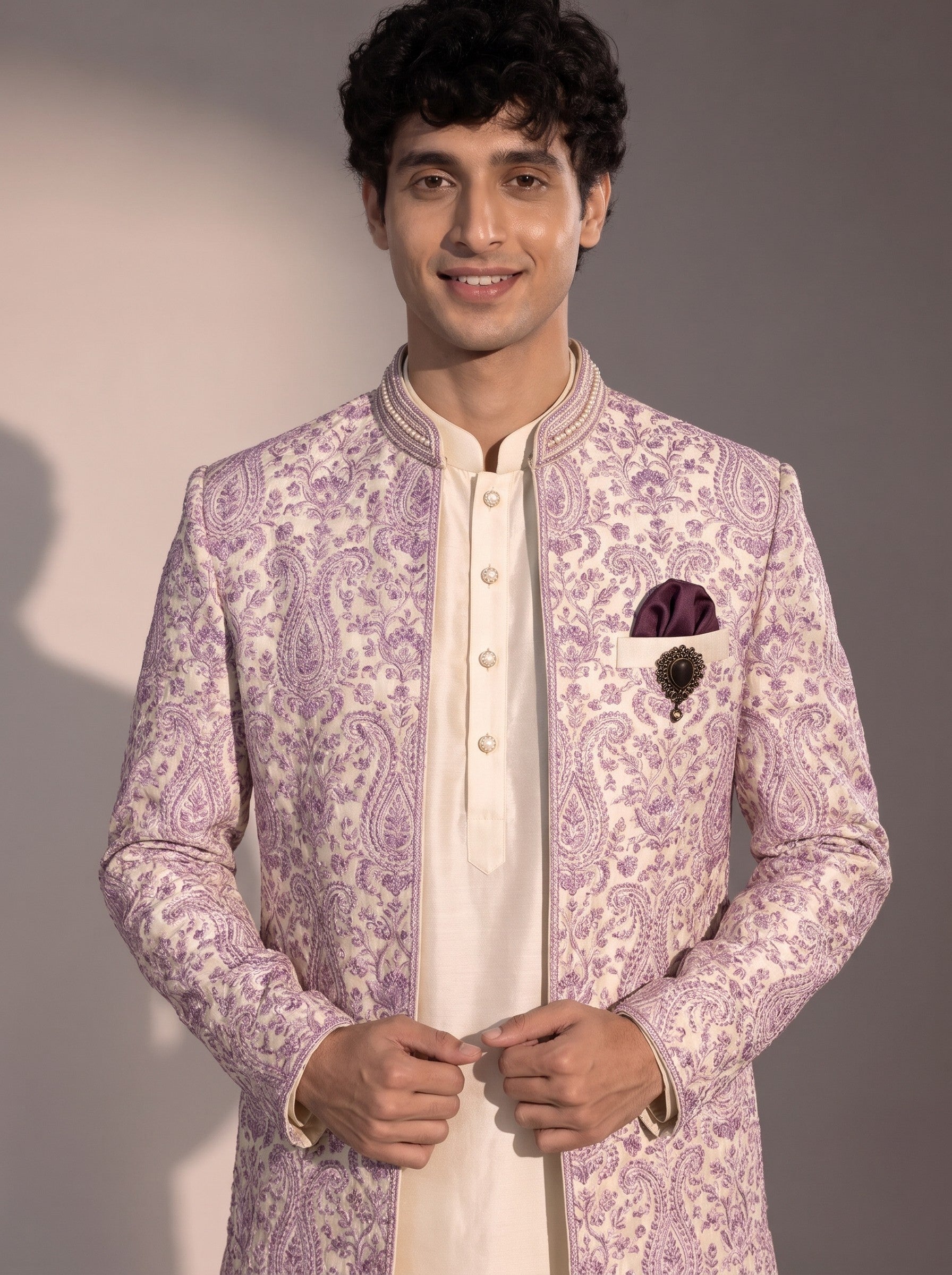 Lavender paisley embroidered silk indowestern for men - close-up of collar and embroidery