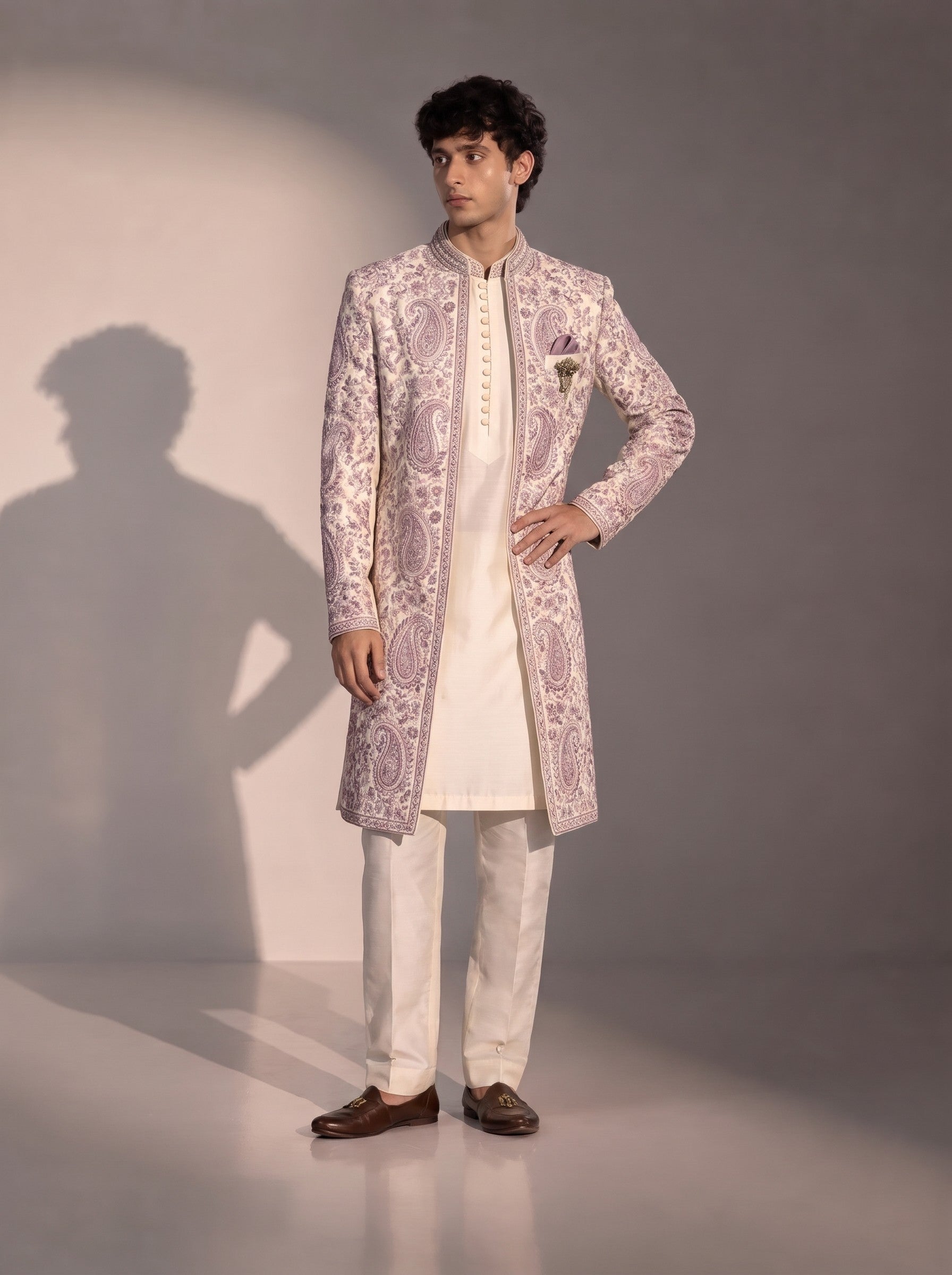 Lavender paisley embroidered silk indowestern for men - front view
