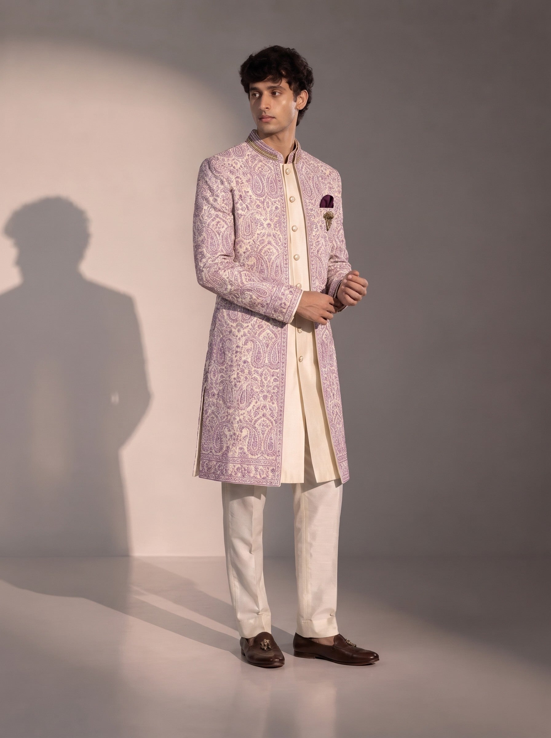 Lavender paisley embroidered silk indowestern for men - three-quarter view