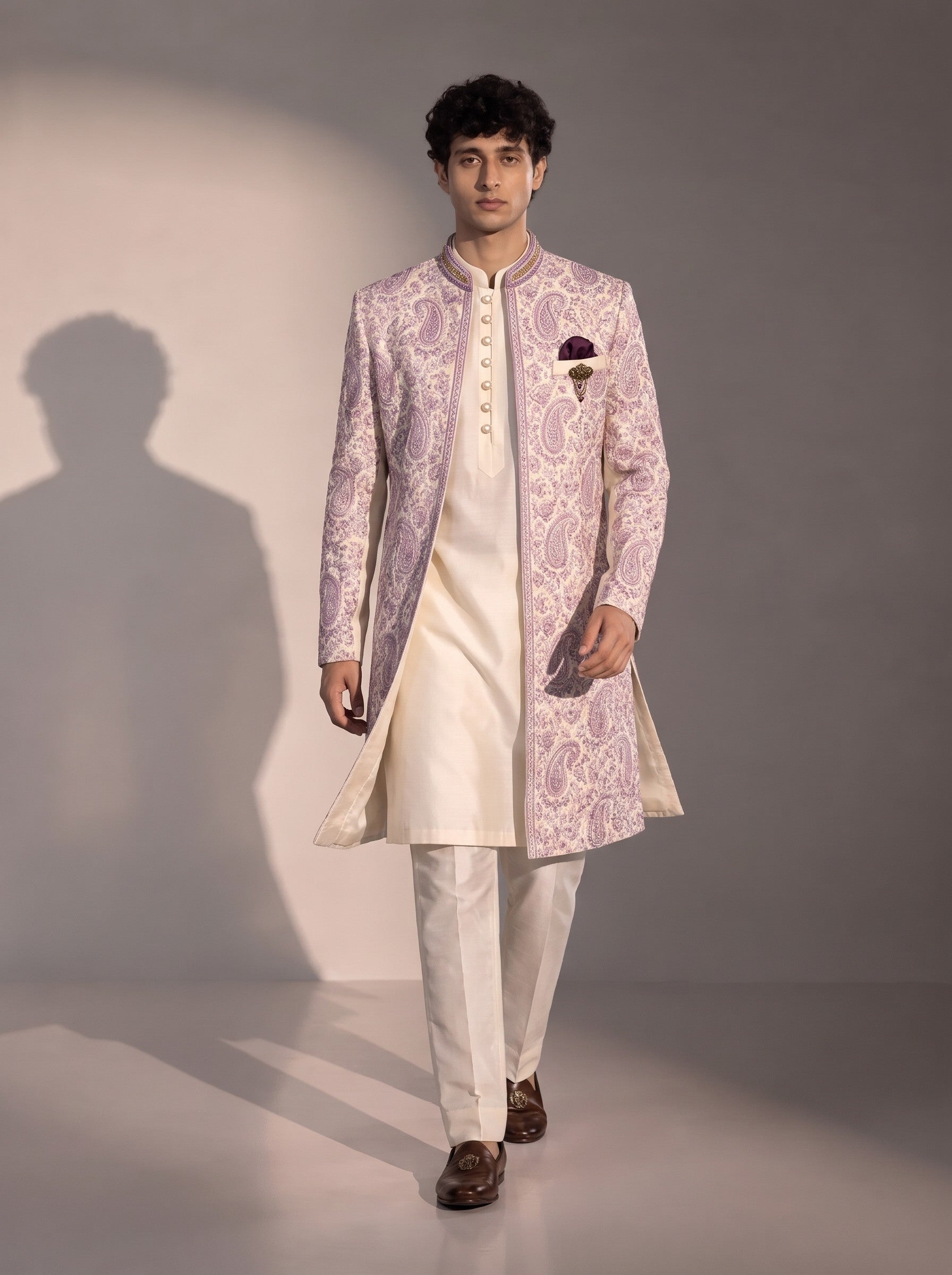 Lavender paisley embroidered silk indowestern for men - full look