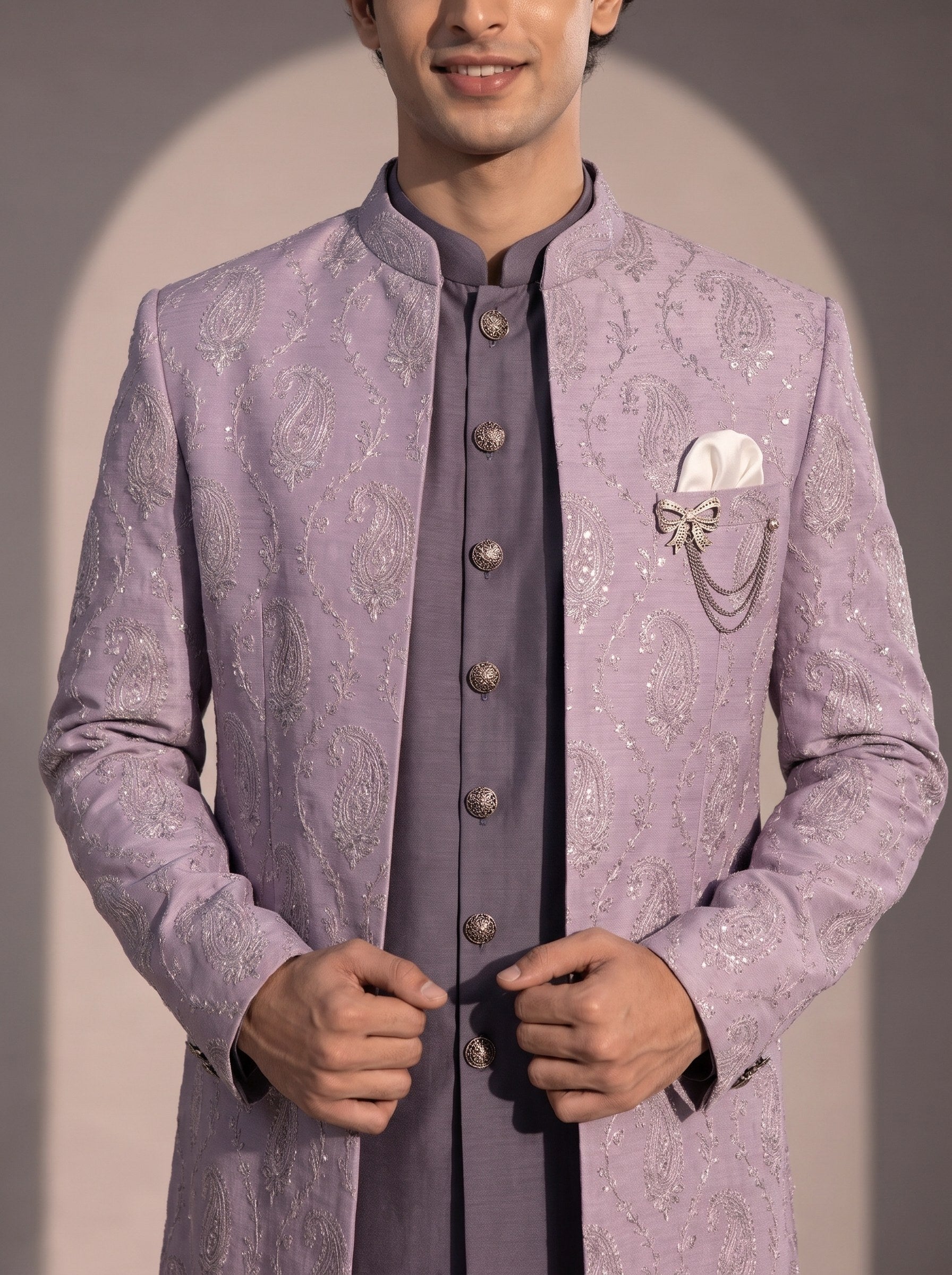 Lavender silver paisley jodhpuri indowestern suit for men - close-up of collar and embroidery