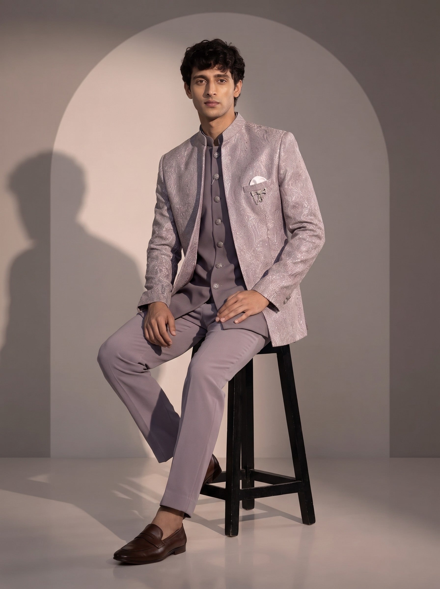 Lavender silver paisley jodhpuri indowestern suit for men - seated pose