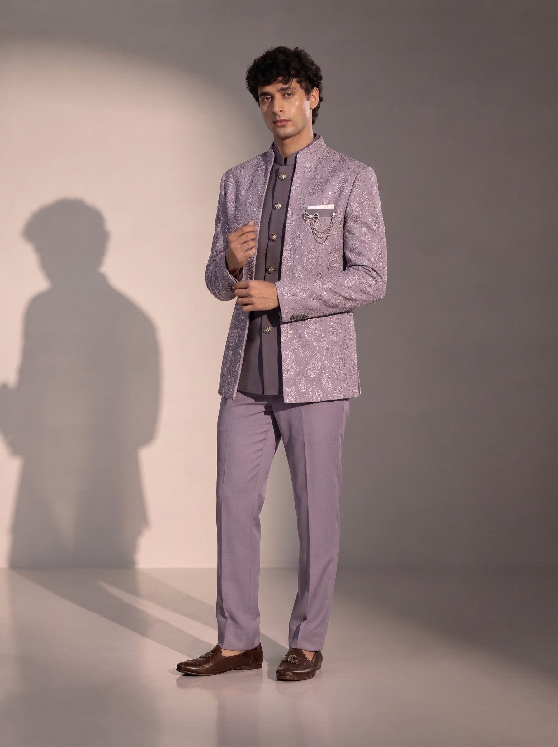 Lavender silver paisley jodhpuri indowestern suit for men - three-quarter view