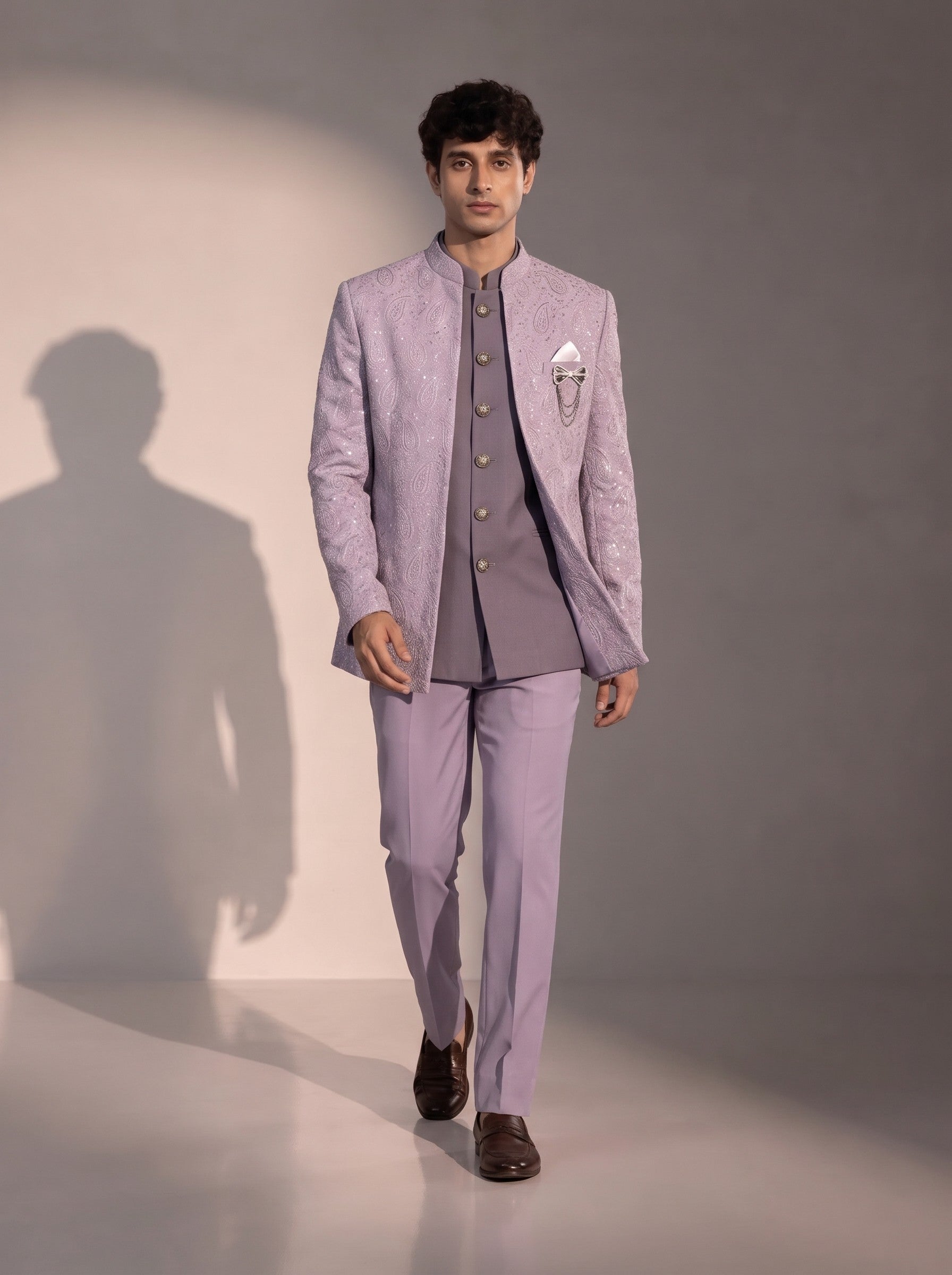 Lavender silver paisley jodhpuri indowestern suit for men - full look