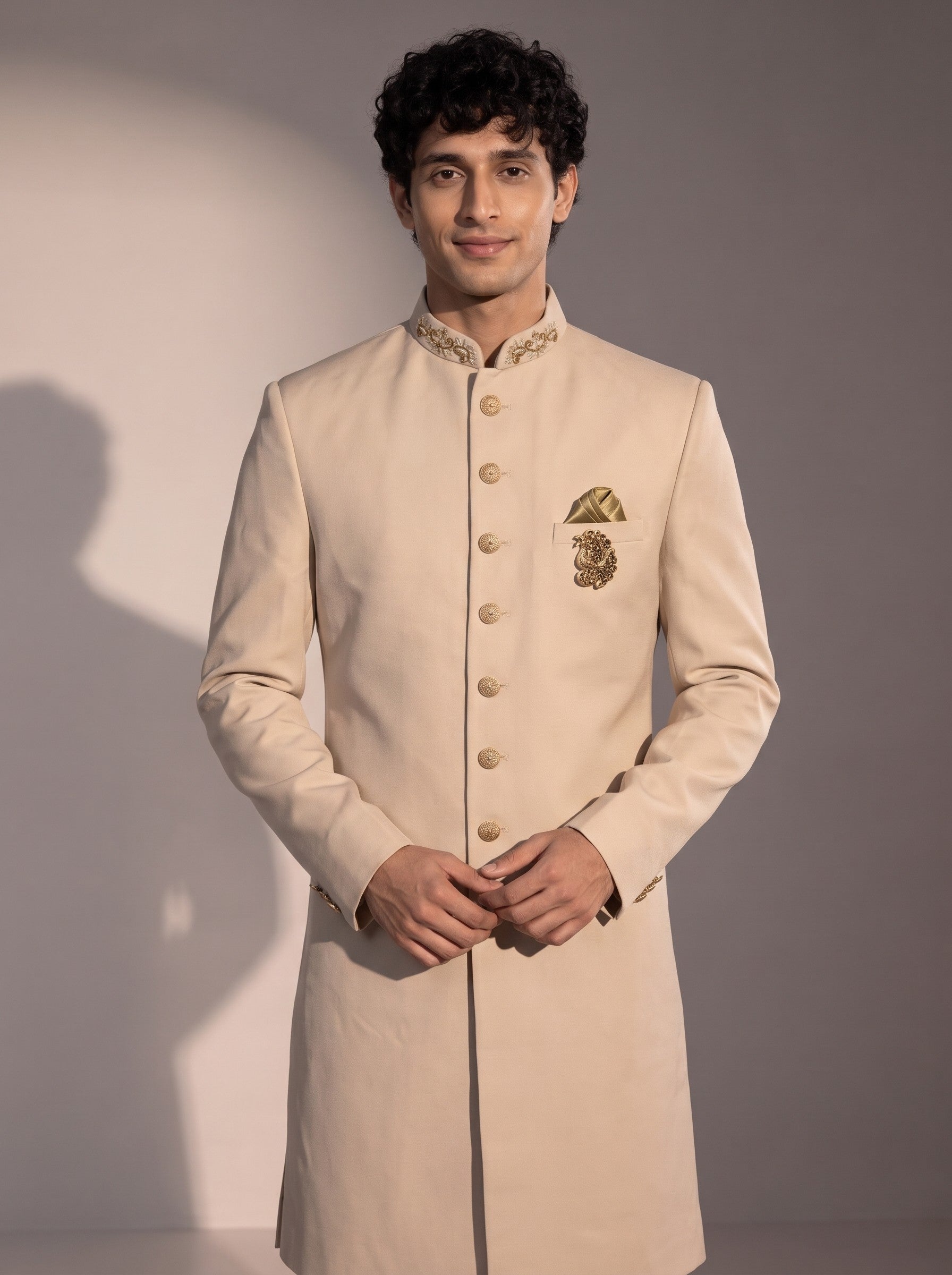 Light beige silk indowestern for men - close-up of collar and embroidery