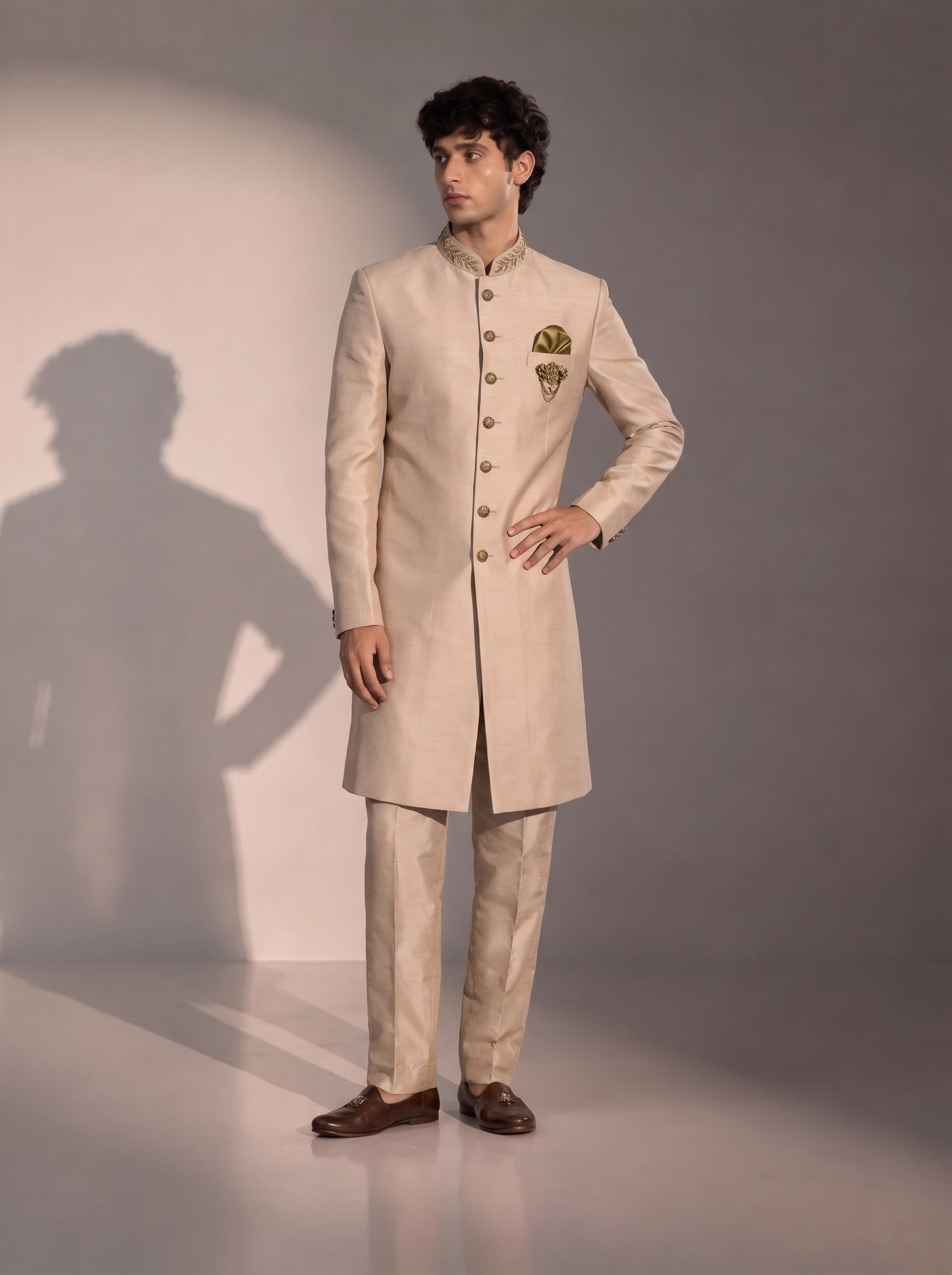 Light beige silk indowestern for men - front view