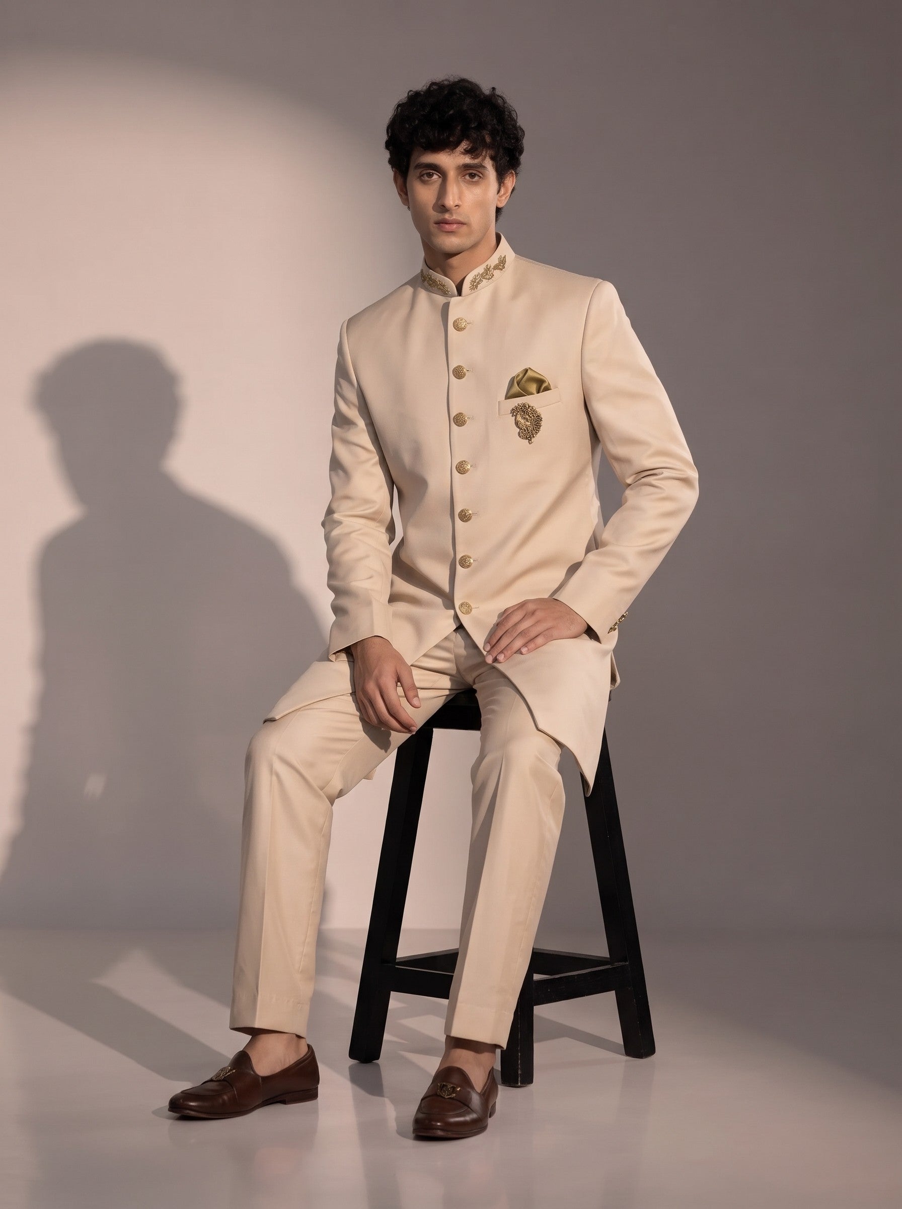 Light beige silk indowestern for men - seated pose