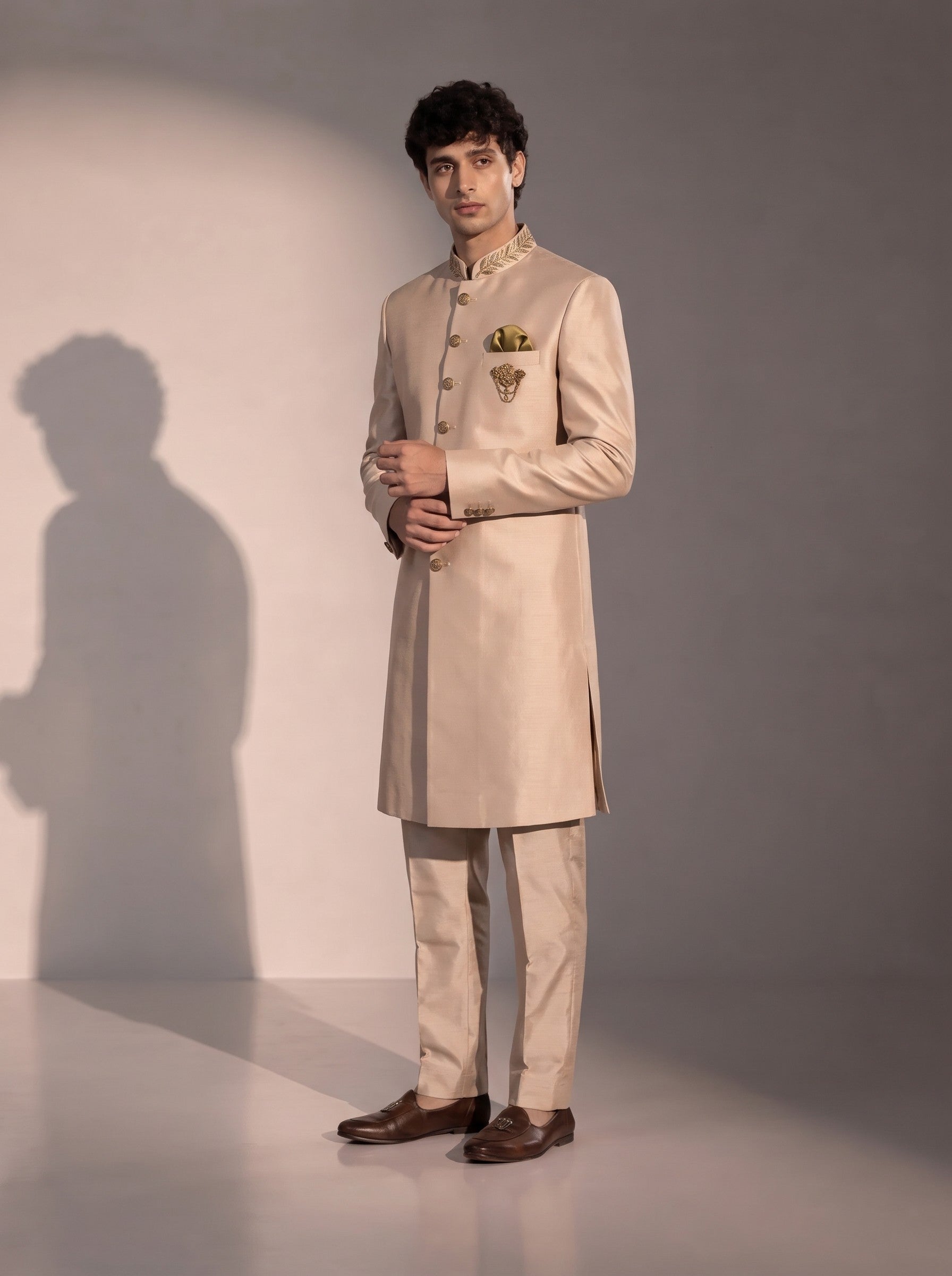 Light beige silk indowestern for men - three-quarter view