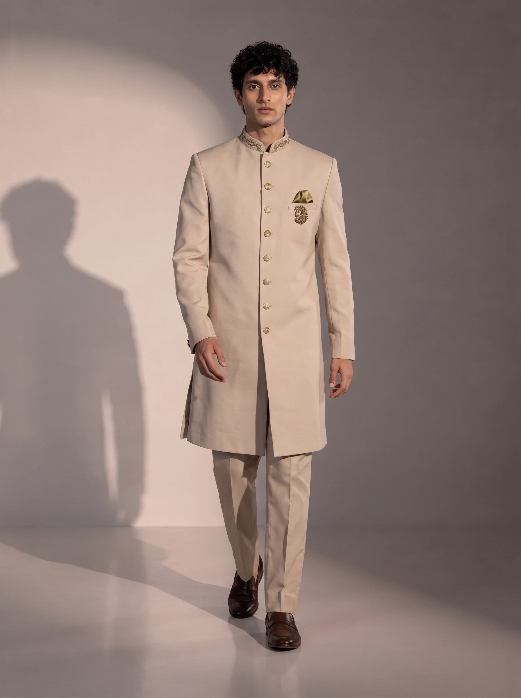 Light beige silk indowestern for men - full look