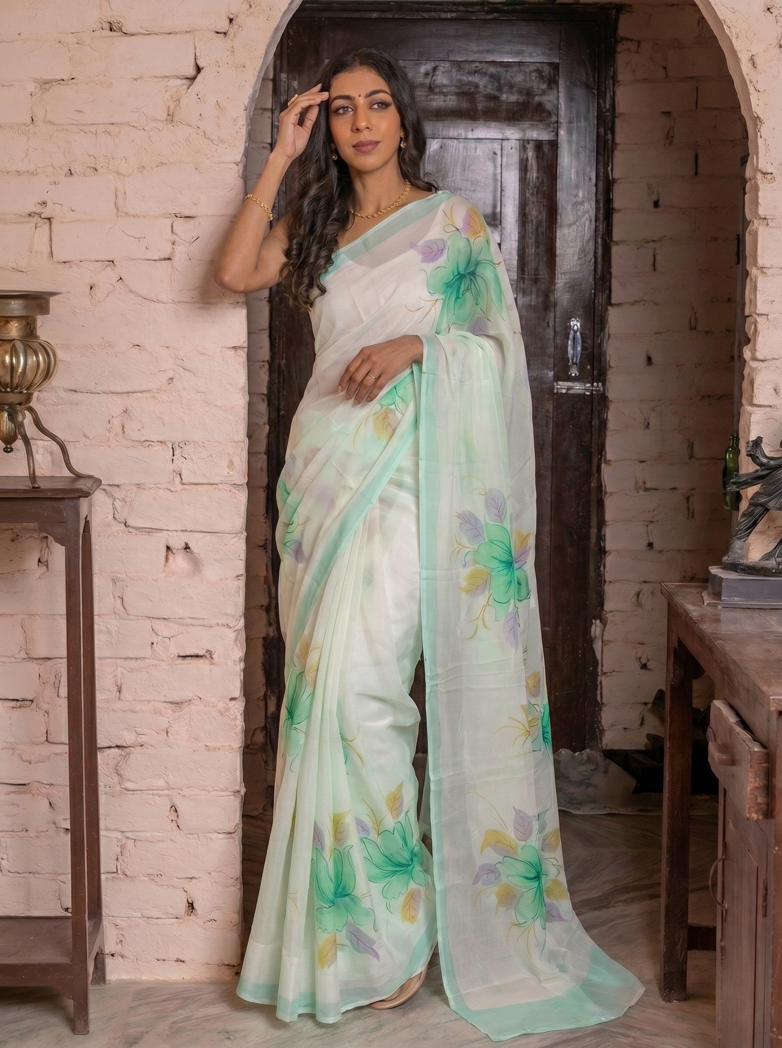 Light Blue Floral Hand Painted Chiffon Saree