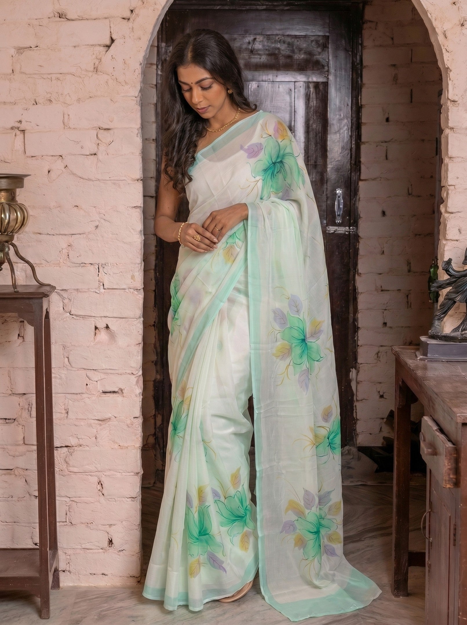 Light Blue Floral Hand Painted Chiffon Saree