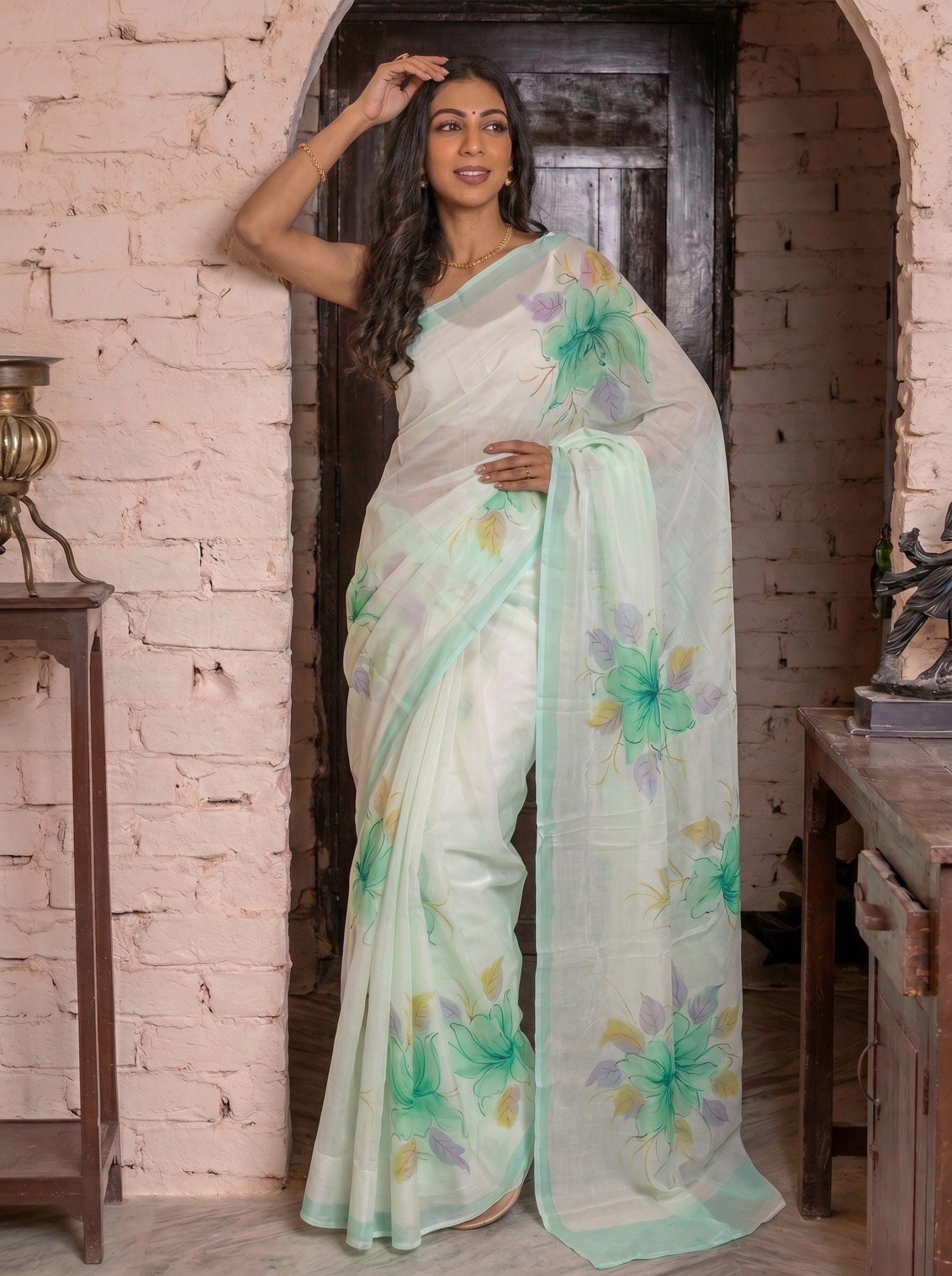 Light Blue Floral Hand Painted Chiffon Saree
