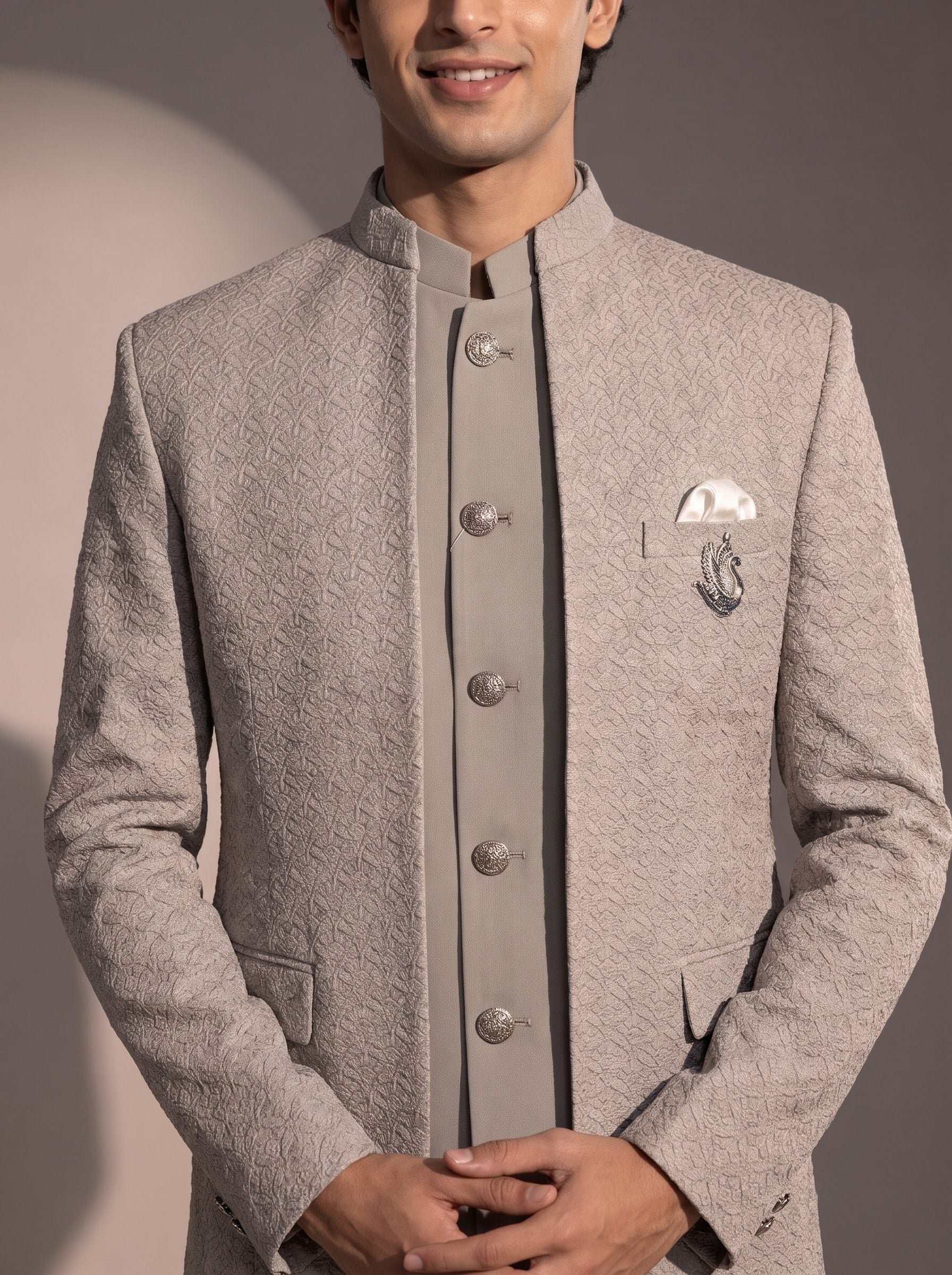 Light grey textured jodhpuri indowestern suit for men - close-up of collar and embroidery