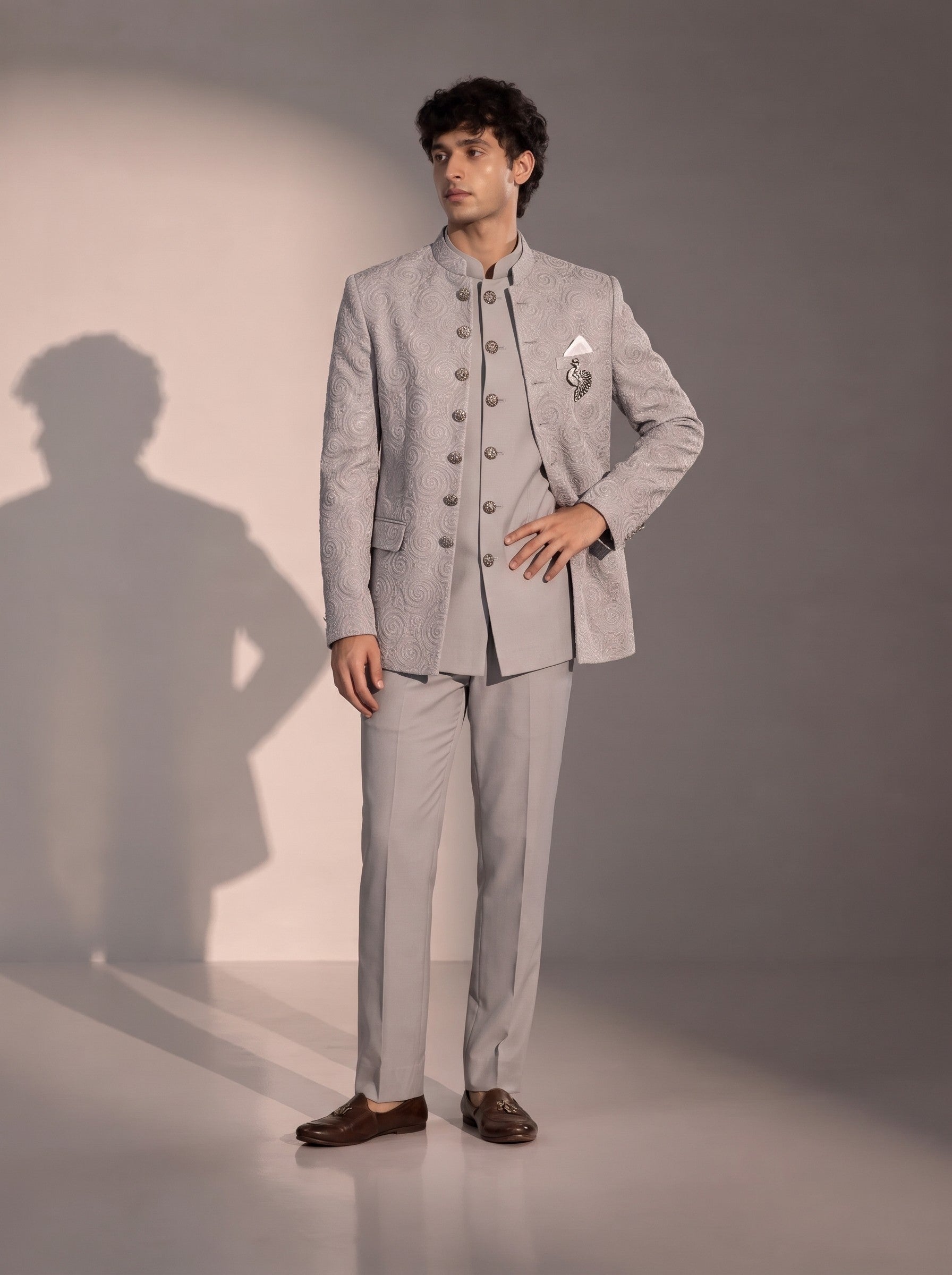 Light grey textured jodhpuri indowestern suit for men - front view