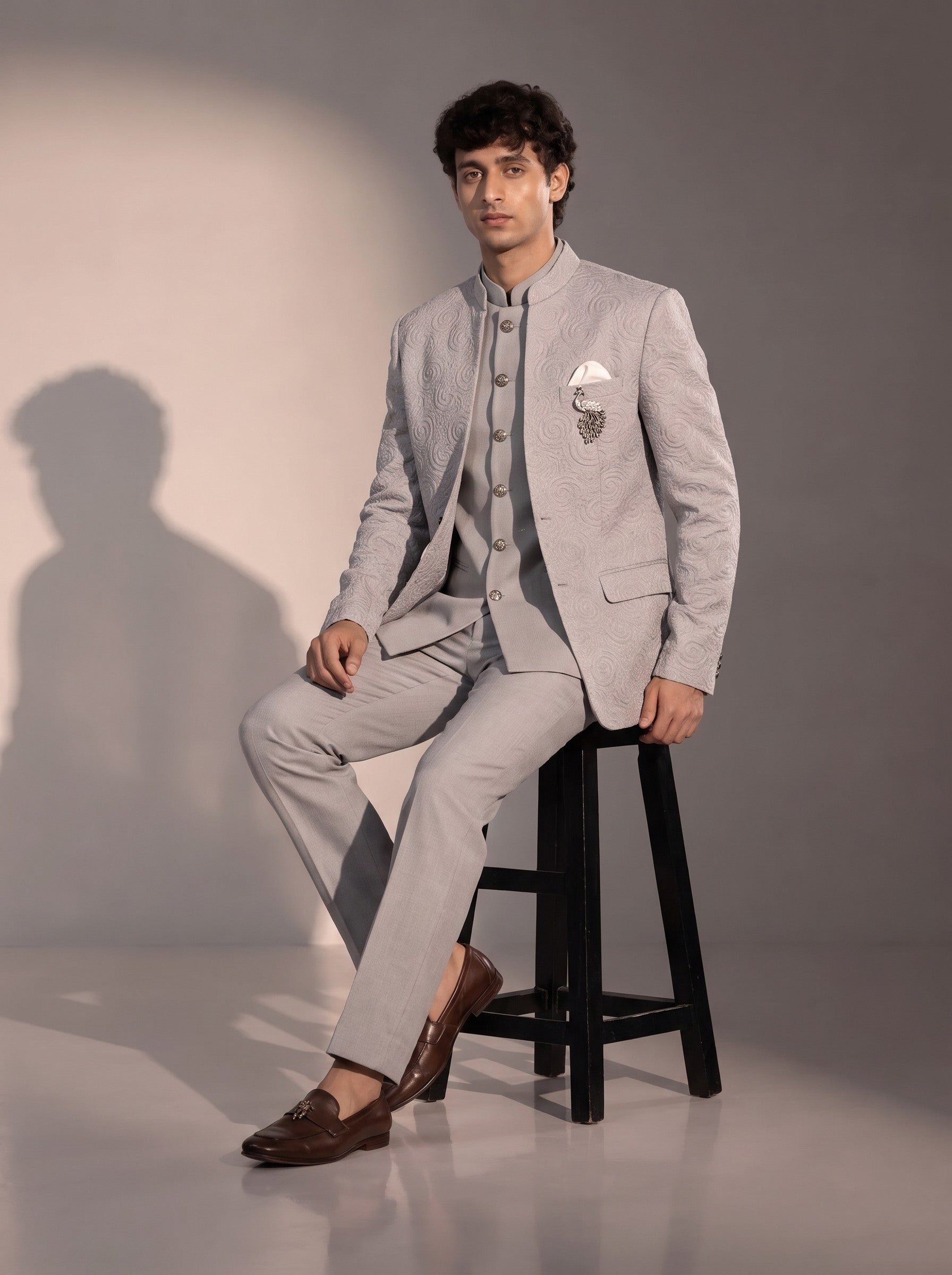 Light grey textured jodhpuri indowestern suit for men - seated pose
