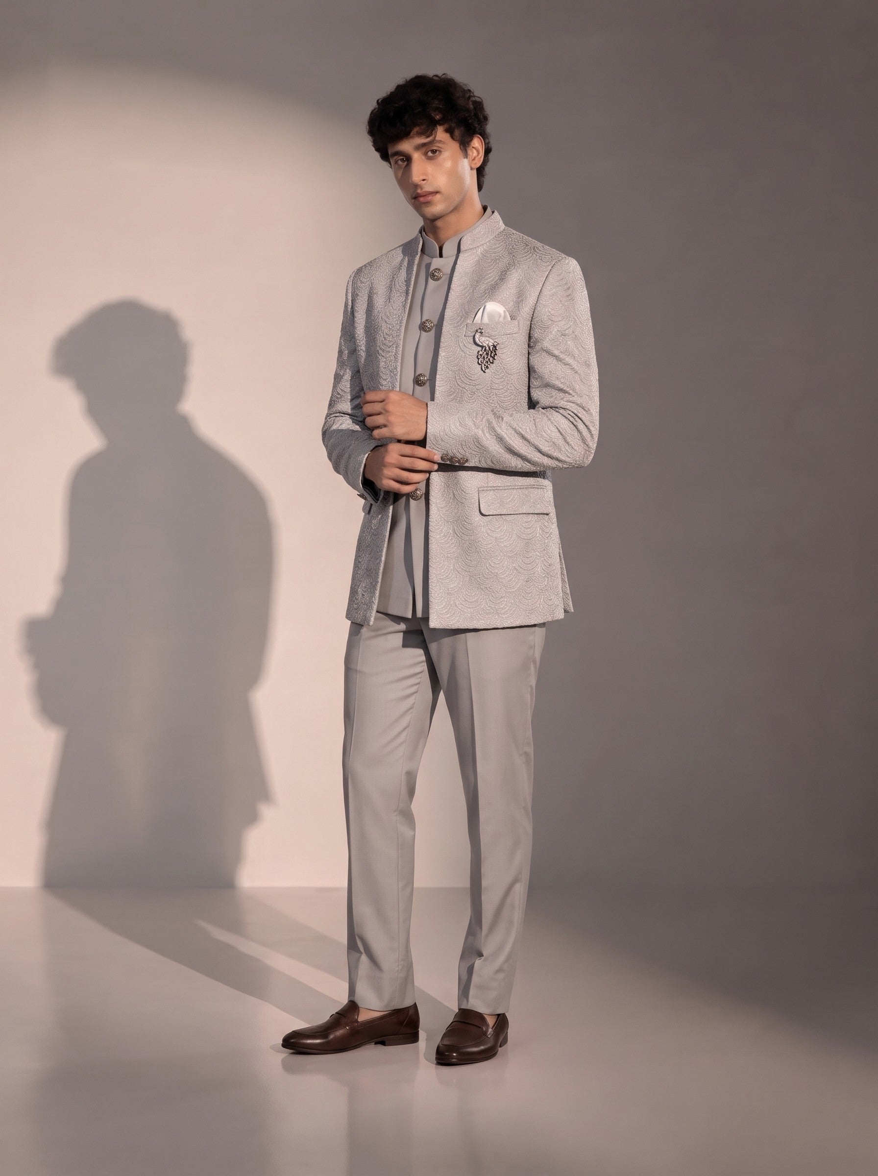 Light grey textured jodhpuri indowestern suit for men - three-quarter view