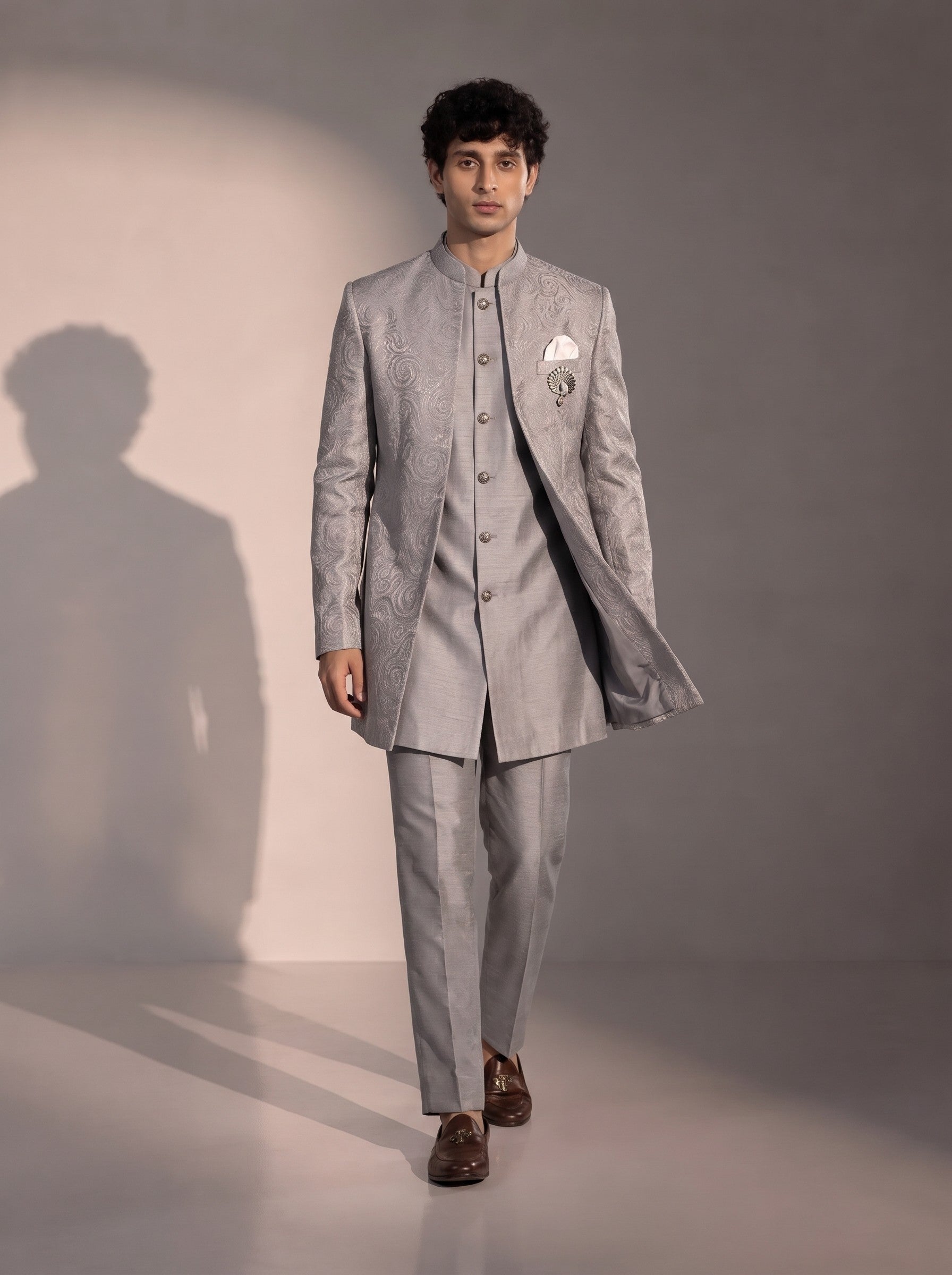 Light grey textured jodhpuri indowestern suit for men - full look