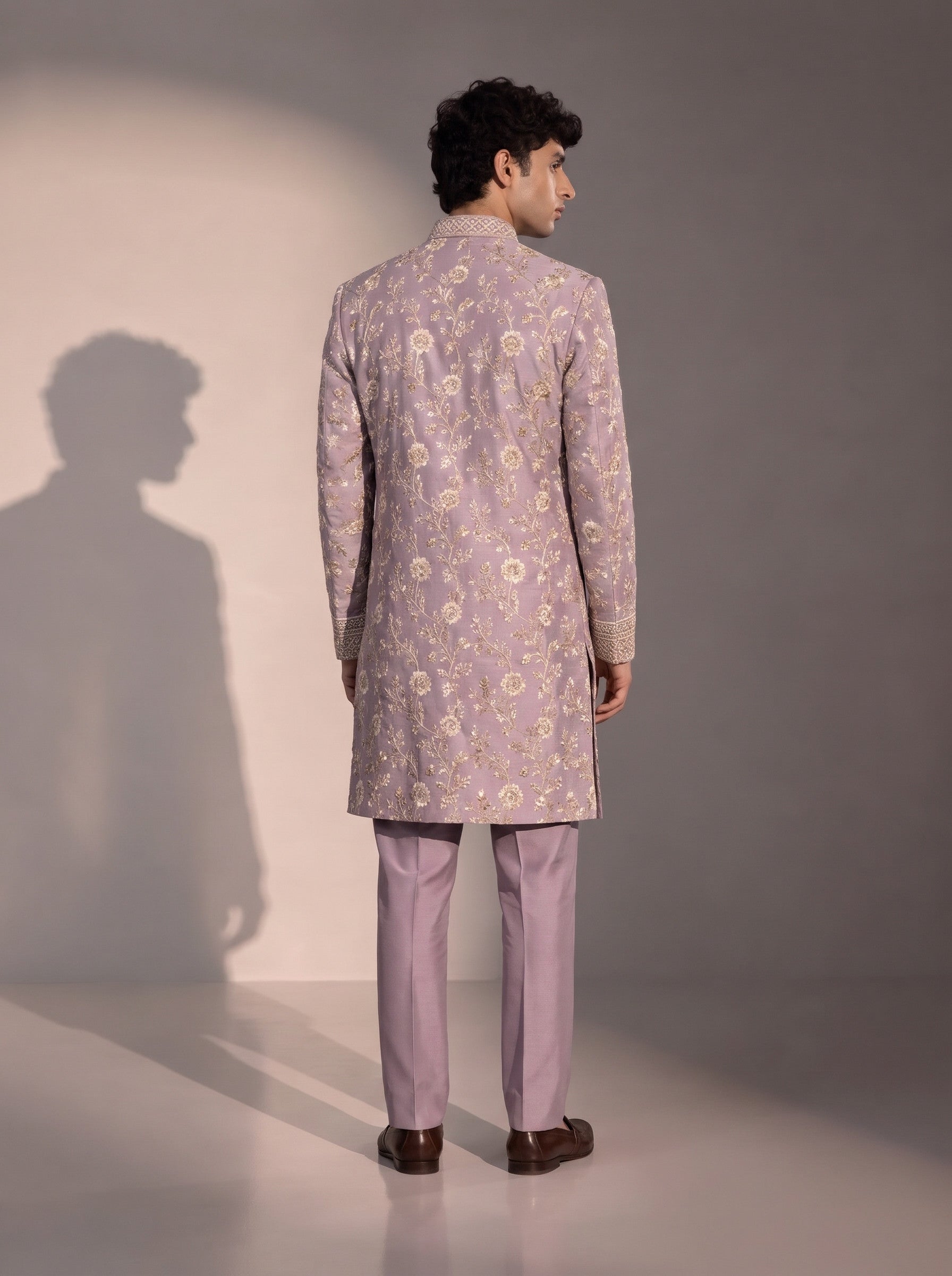 Light purple embroidered indowestern for men - back view