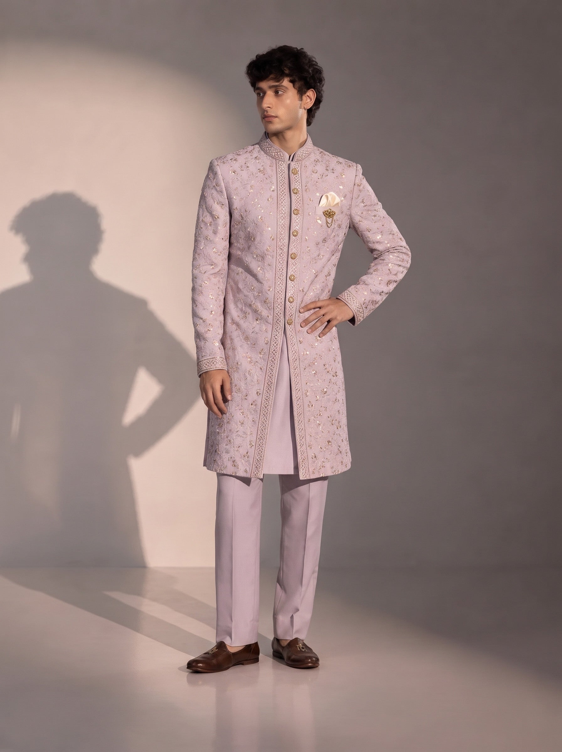 Light purple embroidered indowestern for men with matching trouser - front view