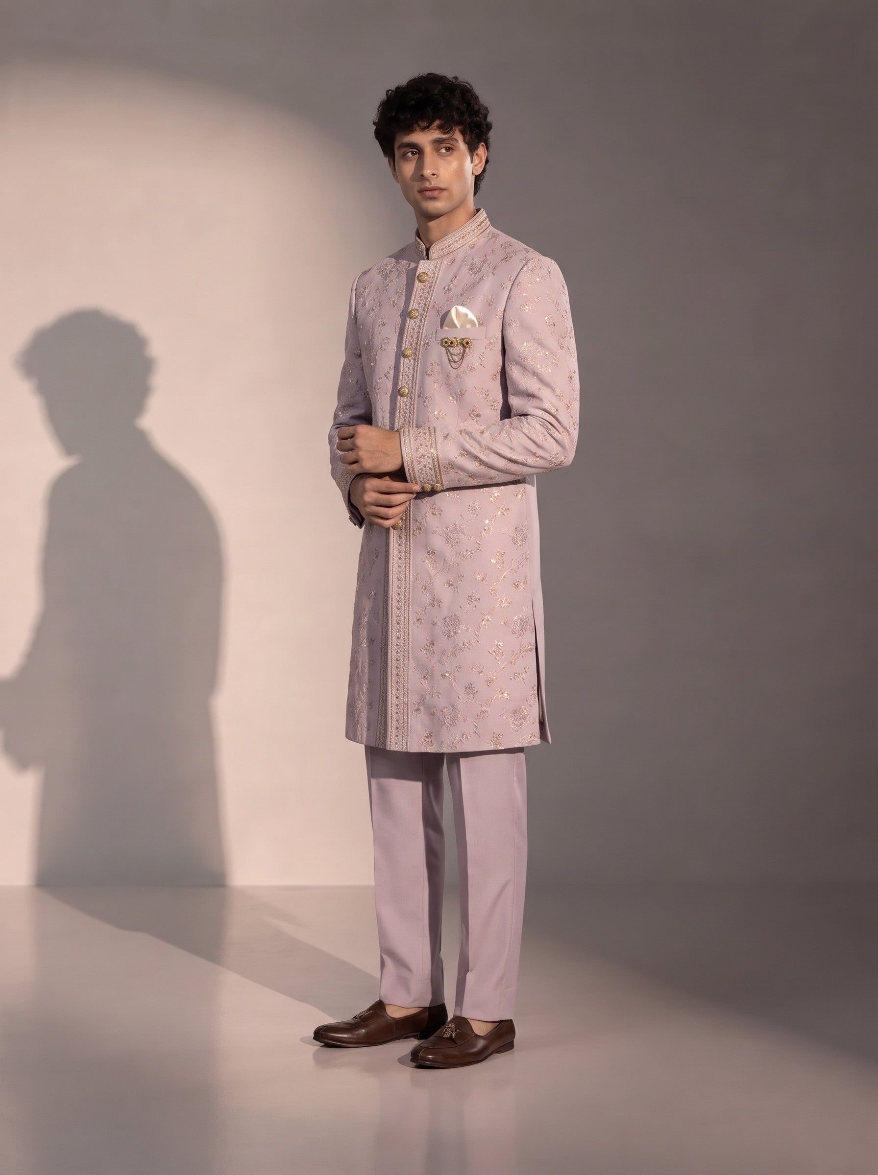 Light purple embroidered indowestern for men - side view with embroidered cuffs