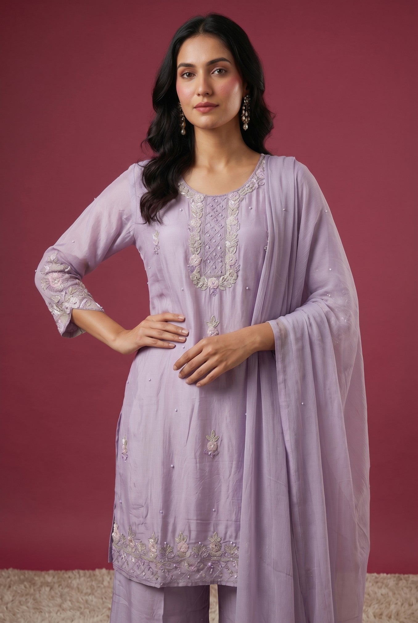 Woman wearing a light purple traditional outfit with embroidery against a red background