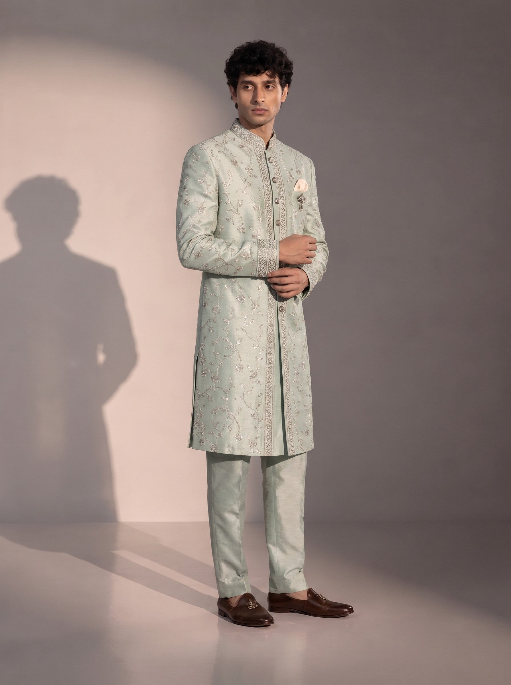 Mint embroidered silk indowestern for men - three-quarter view