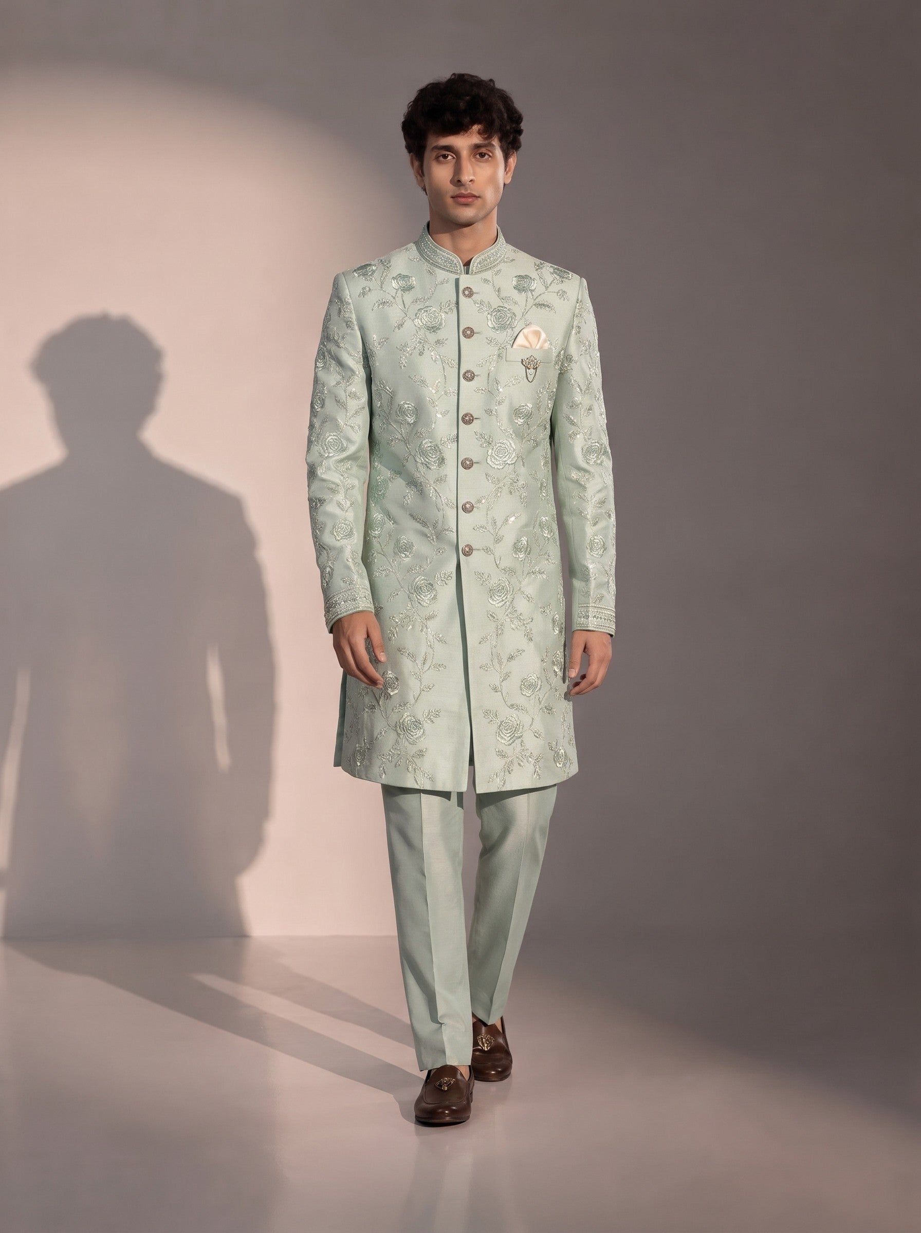 Mint embroidered silk indowestern for men - full look