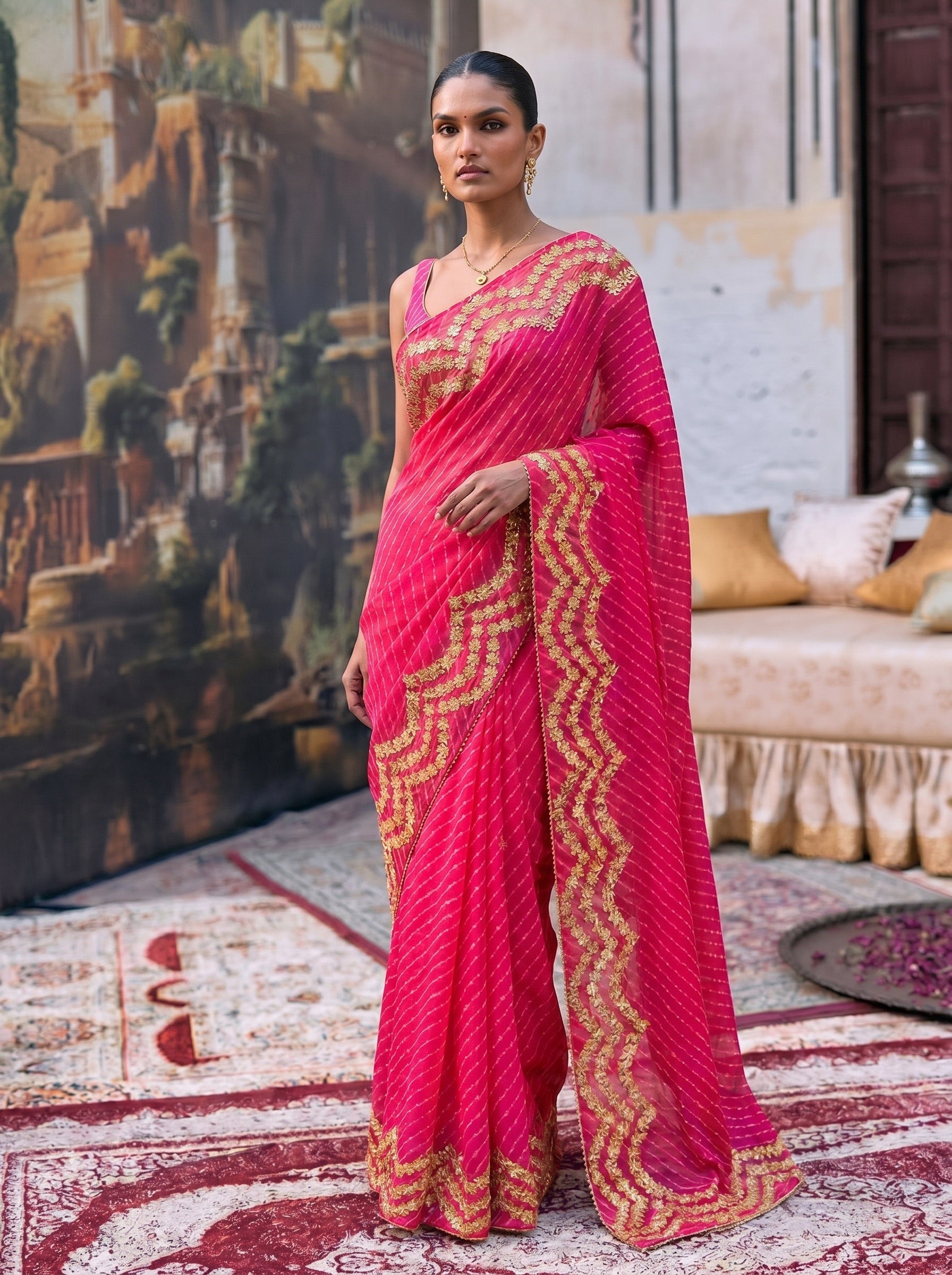 Dark Pink Mothra Leheriya Georgette Gotta Work Saree