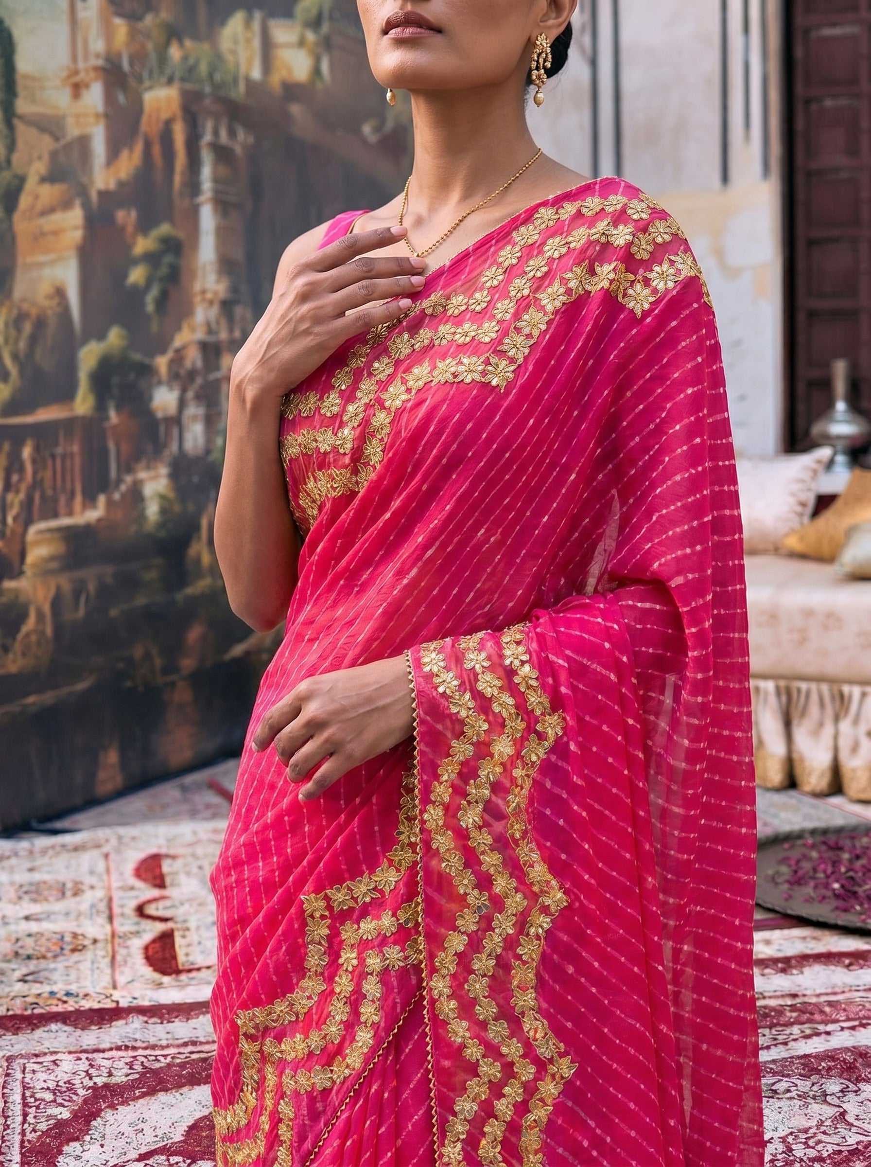 Dark Pink Mothra Leheriya Georgette Gotta Work Saree
