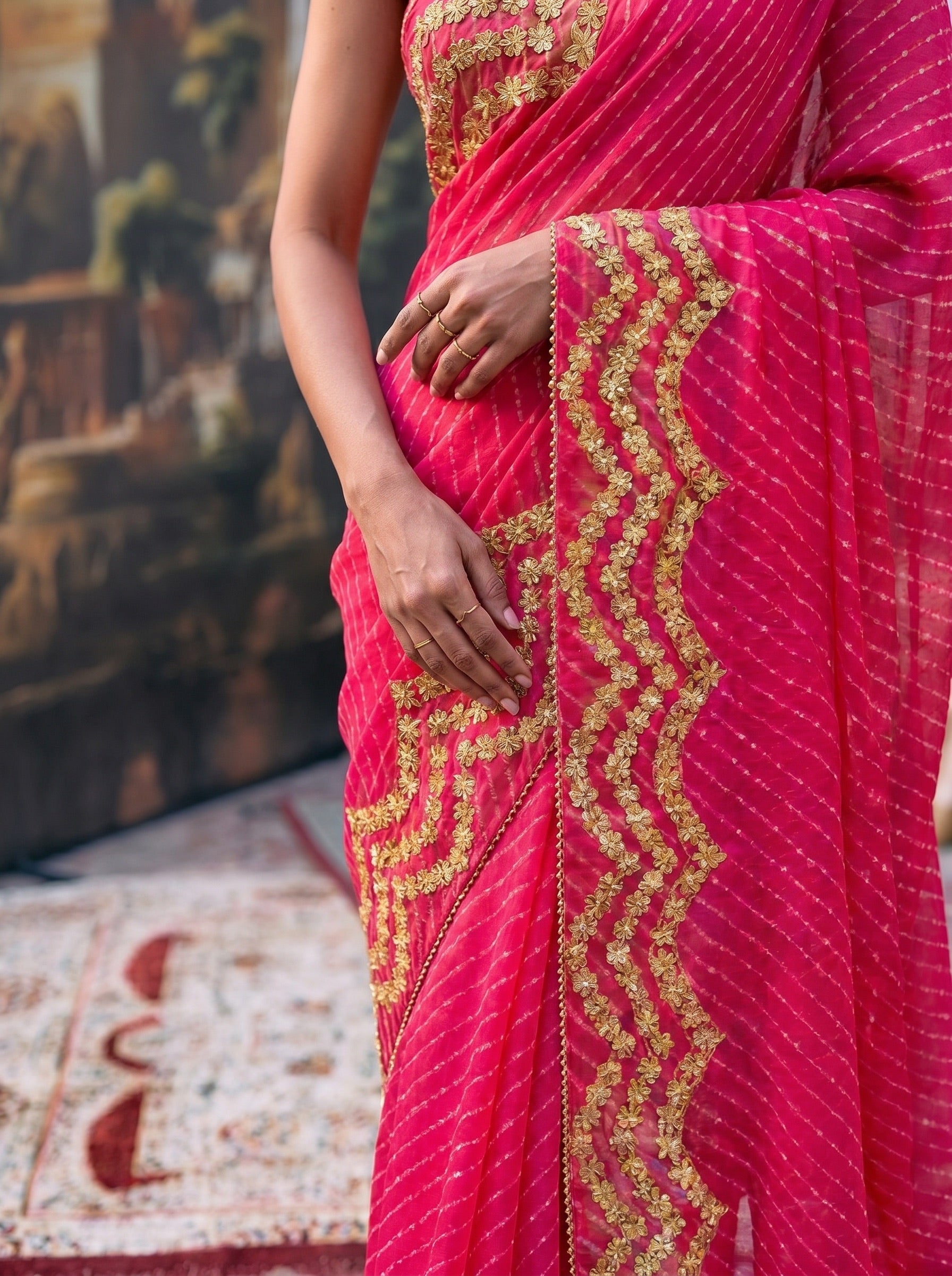 Dark Pink Mothra Leheriya Georgette Gotta Work Saree