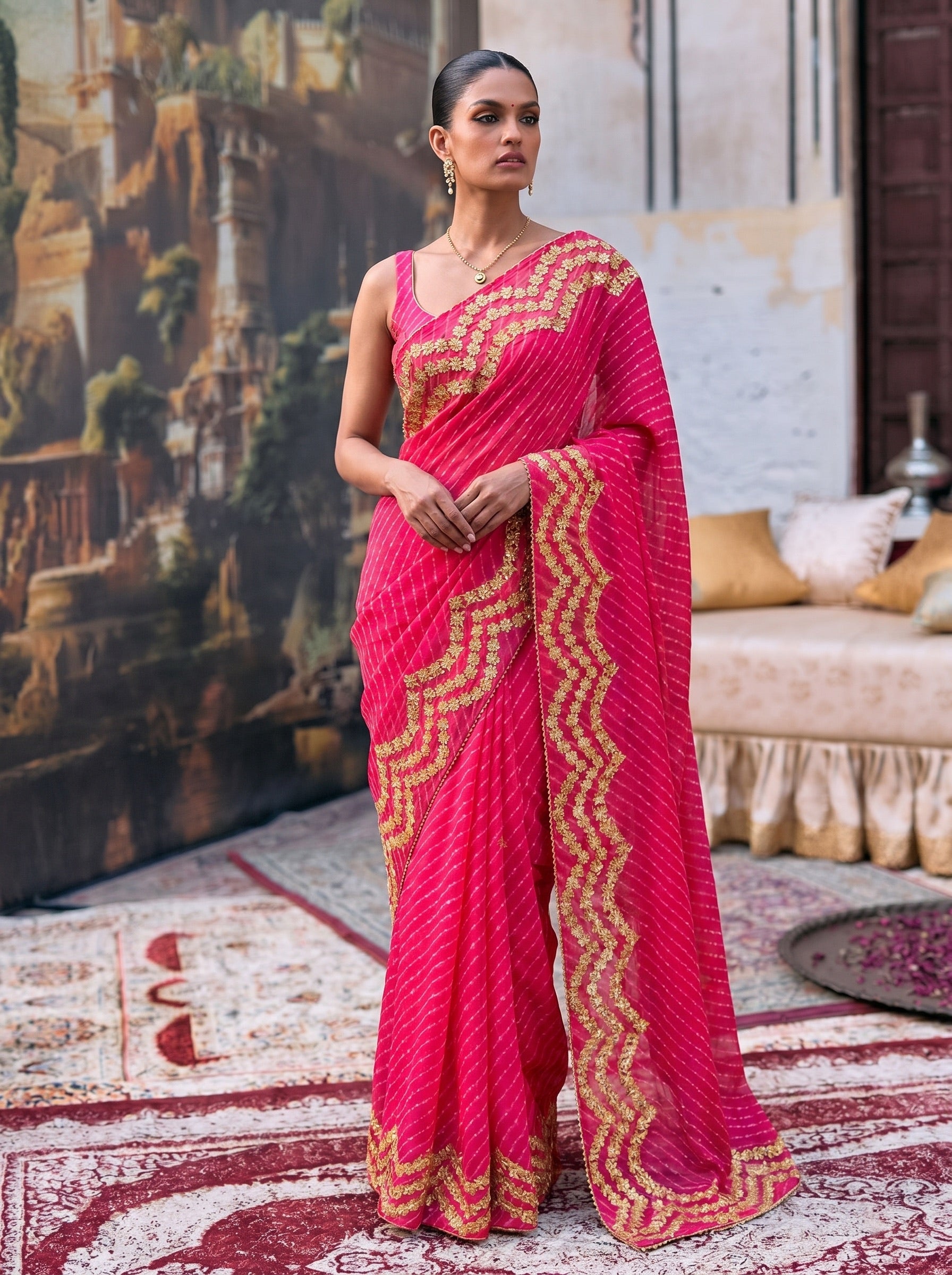 Dark Pink Mothra Leheriya Georgette Gotta Work Saree