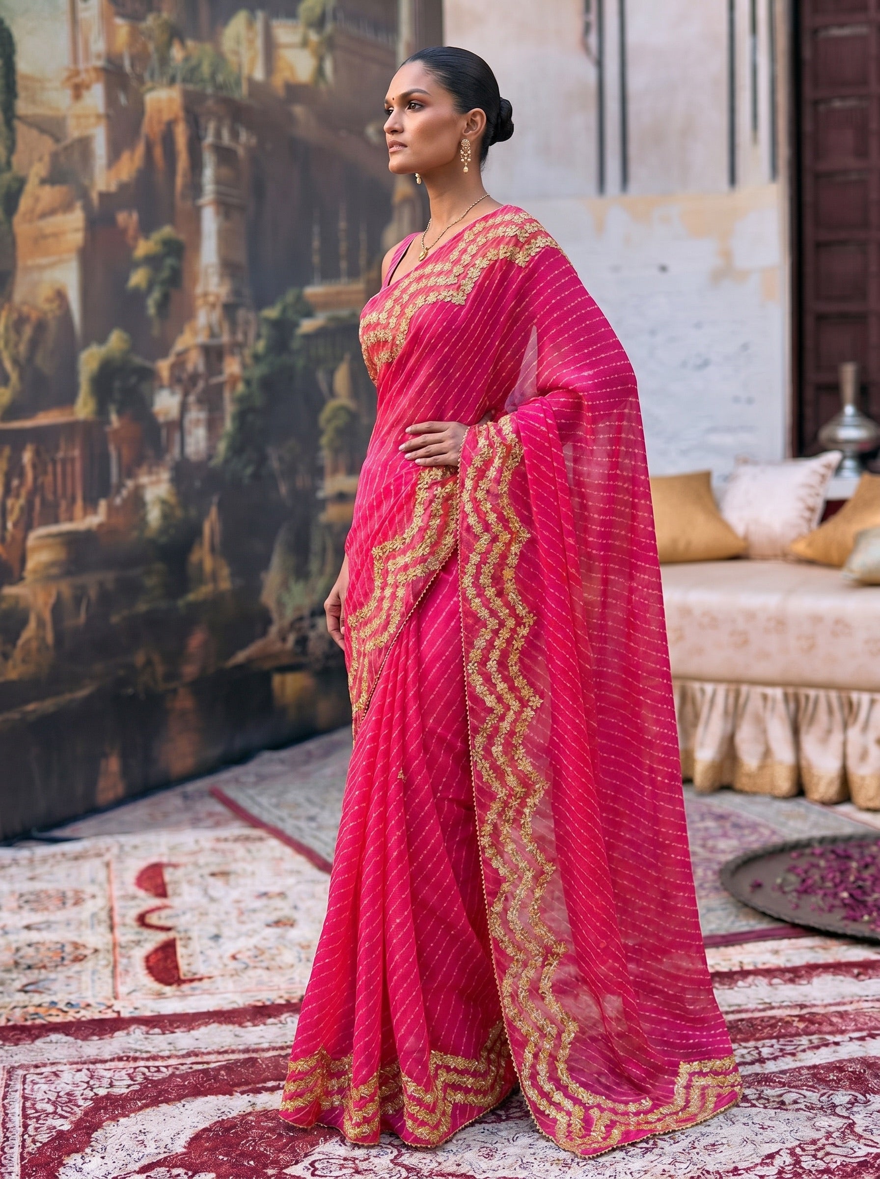 Dark Pink Mothra Leheriya Georgette Gotta Work Saree