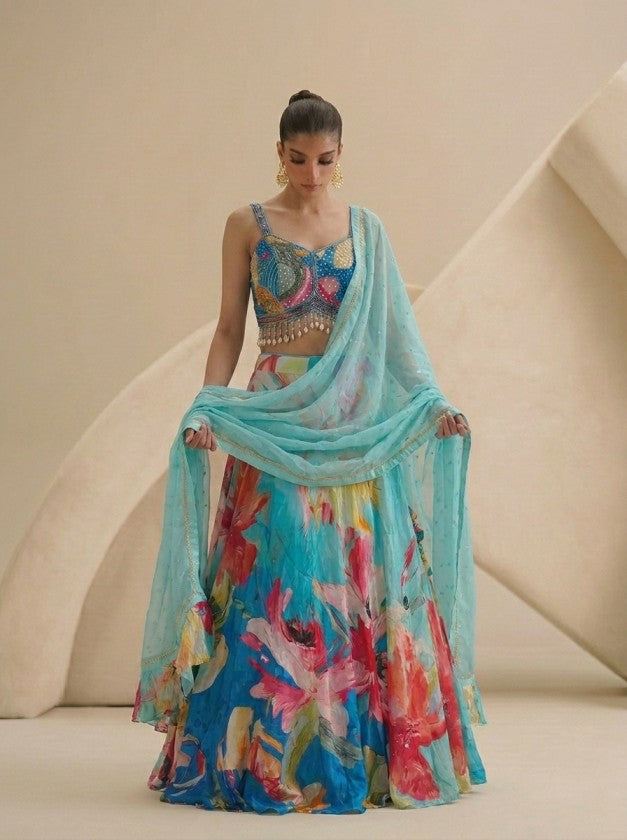 Multi Floral Printed Crop-Top With Dupatta