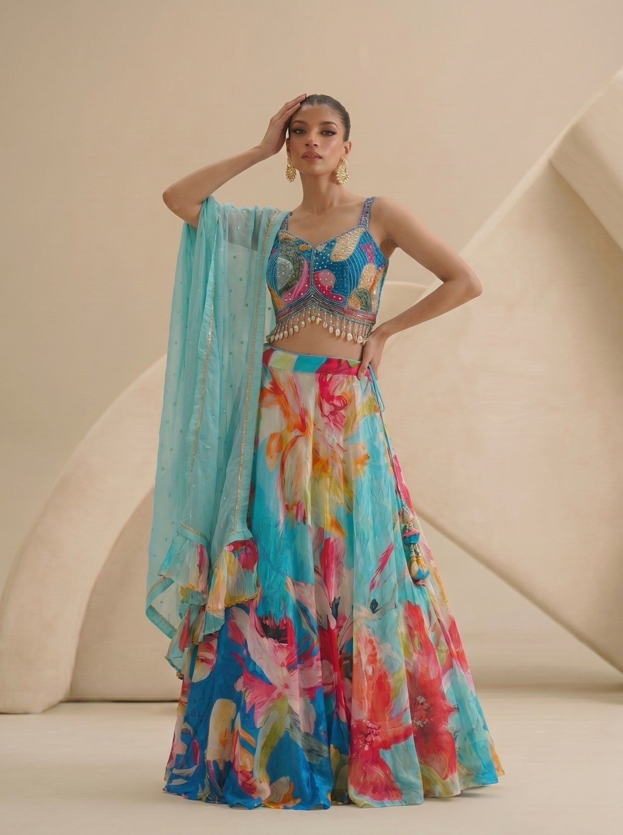 Multi Floral Printed Crop-Top With Dupatta