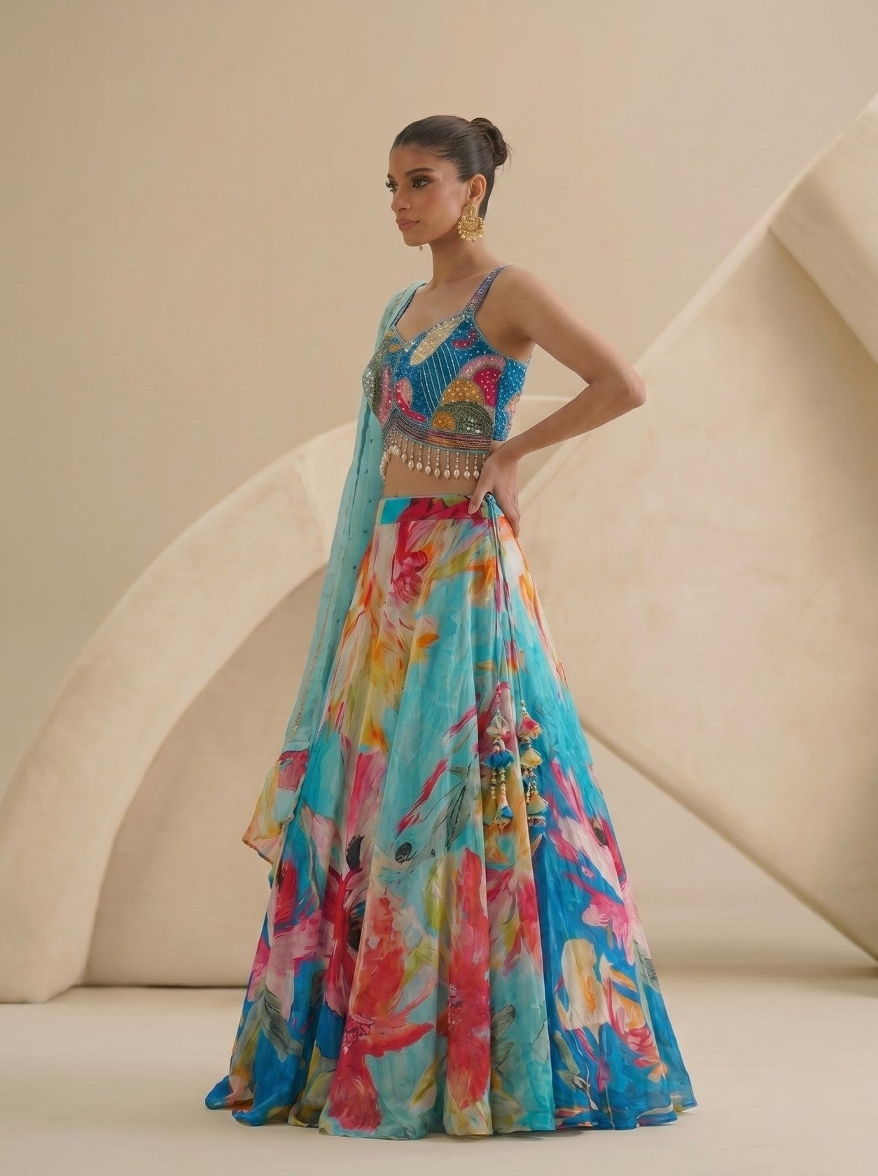Multi Floral Printed Crop-Top With Dupatta