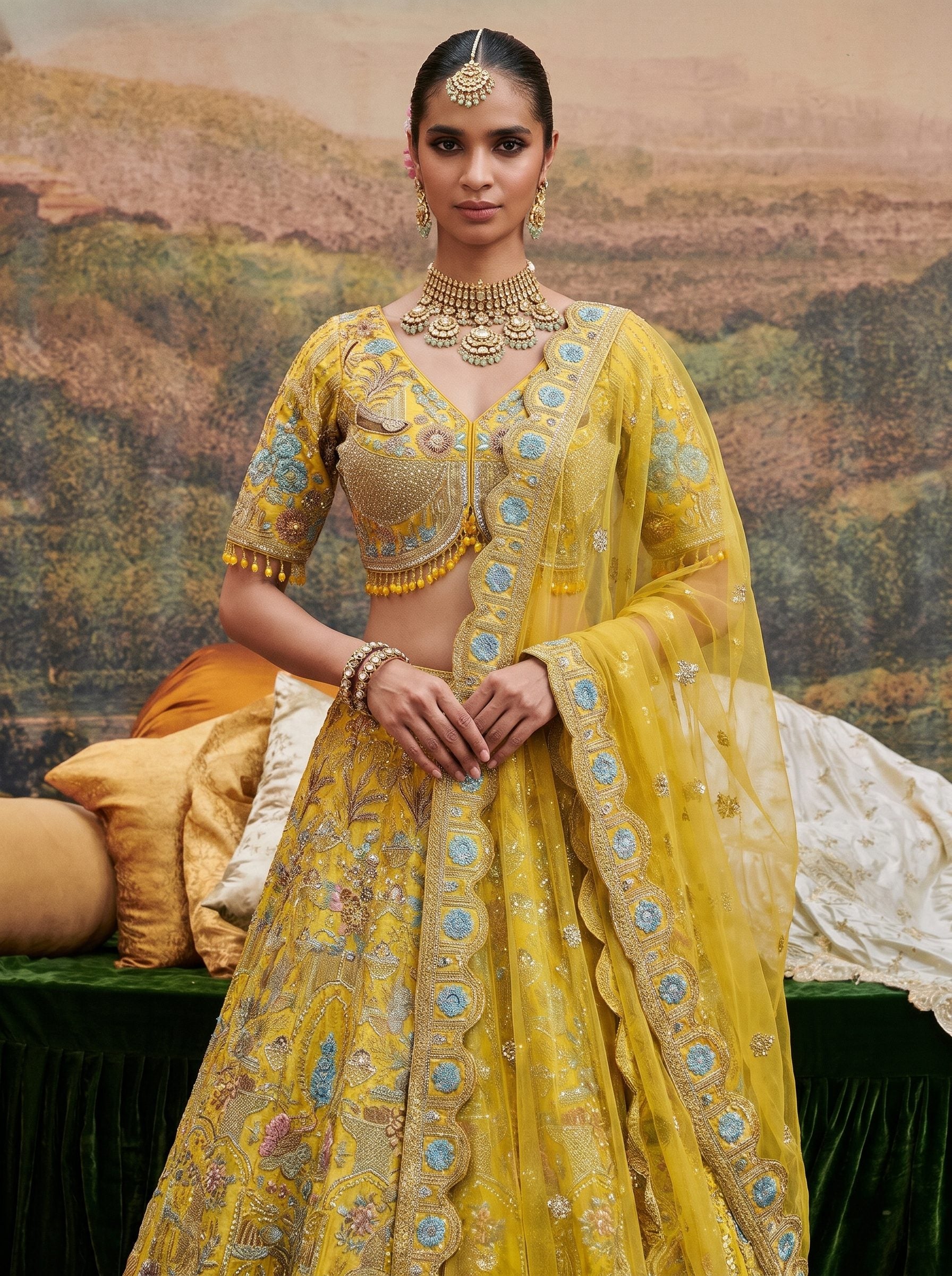 Mustard yellow silk embroidered lehenga set with dupatta - close-up of embroidered blouse