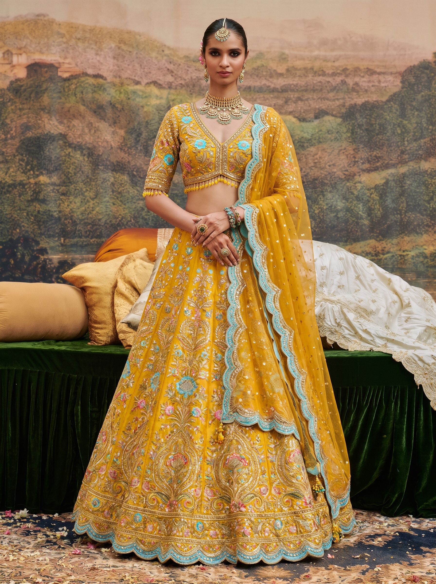 Mustard yellow silk embroidered lehenga set with dupatta - front view