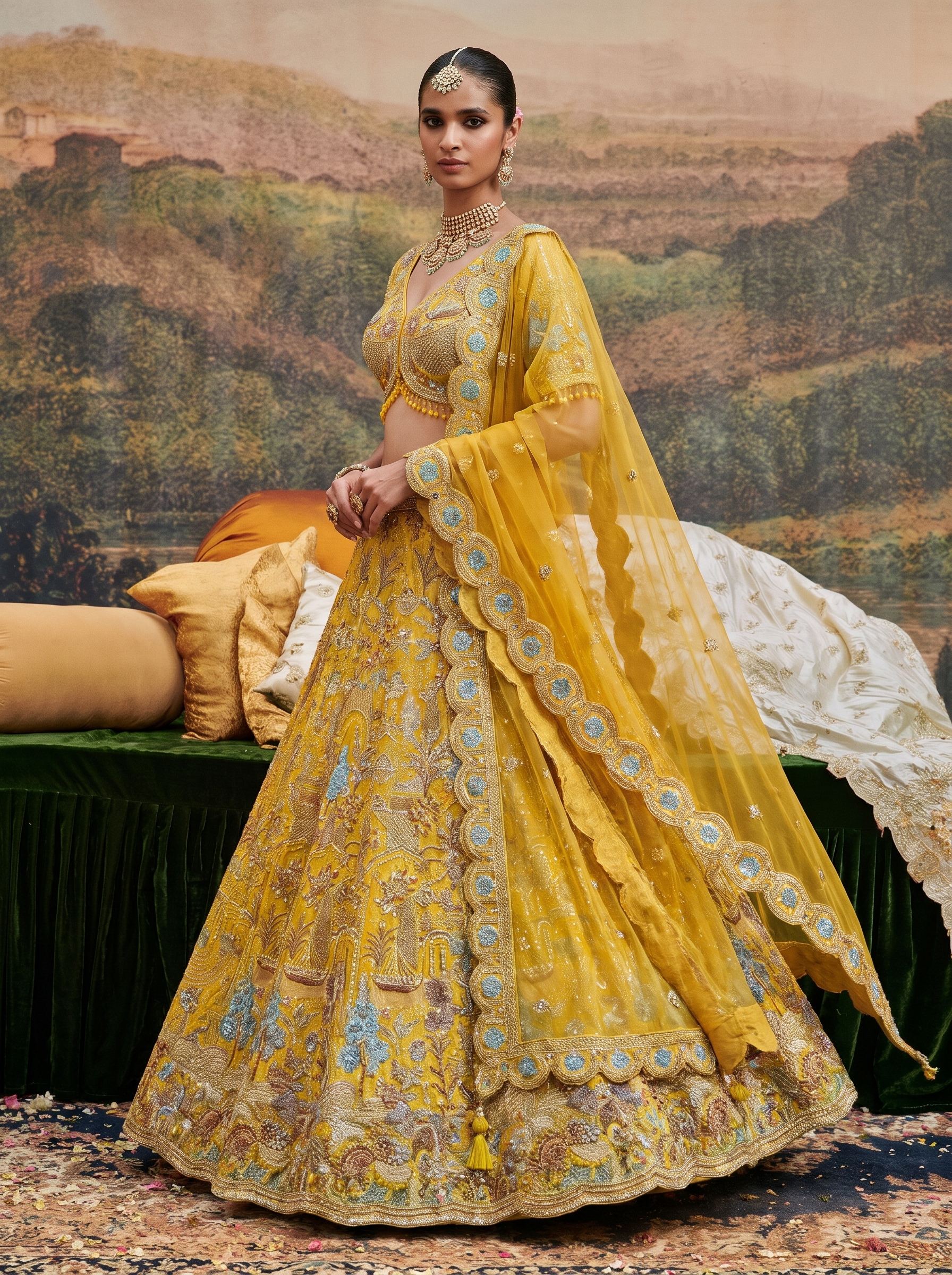 Mustard yellow silk embroidered lehenga set with dupatta - three-quarter view with dupatta