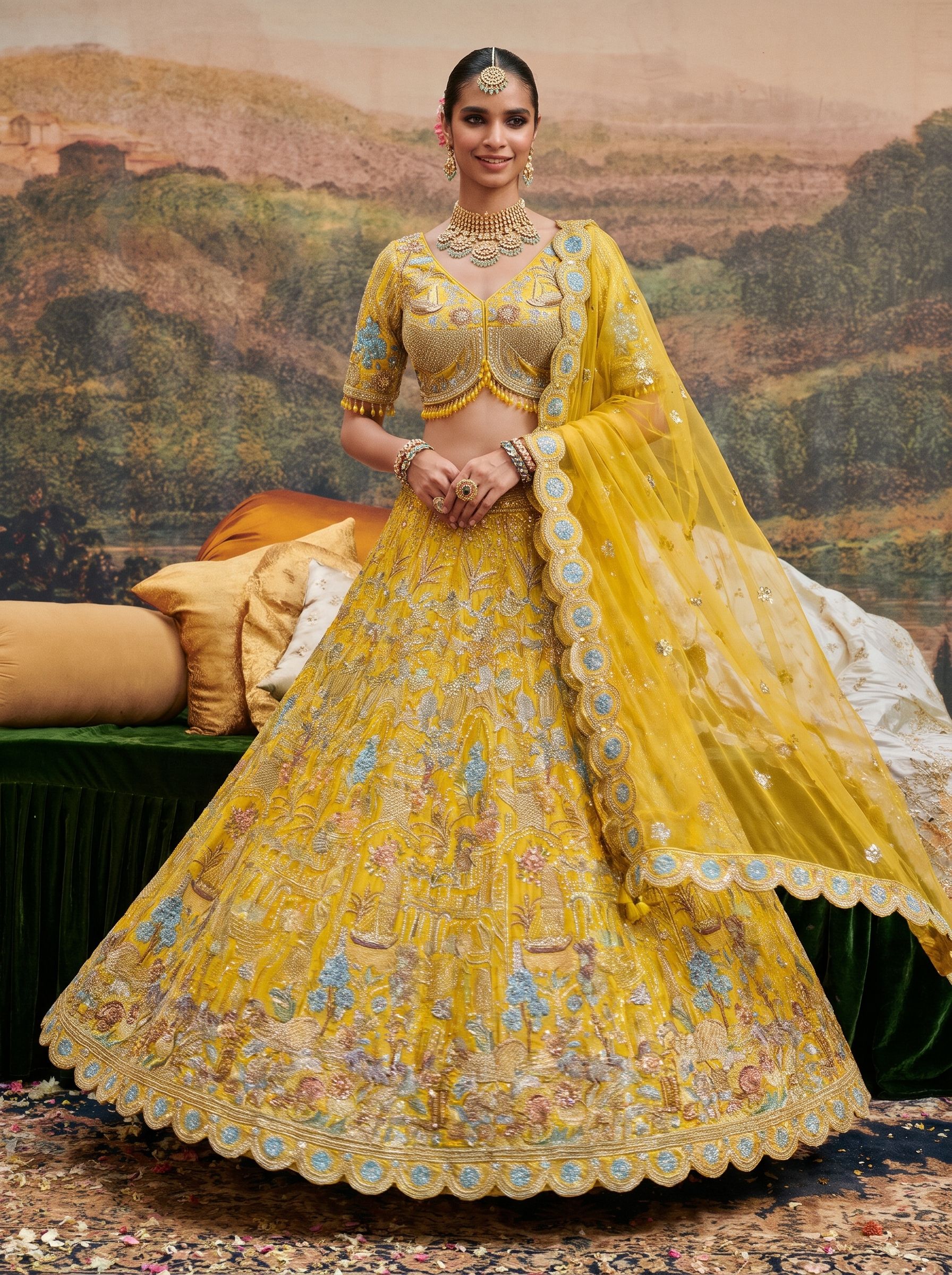 Mustard yellow silk embroidered lehenga set with dupatta - twirl showing skirt flare