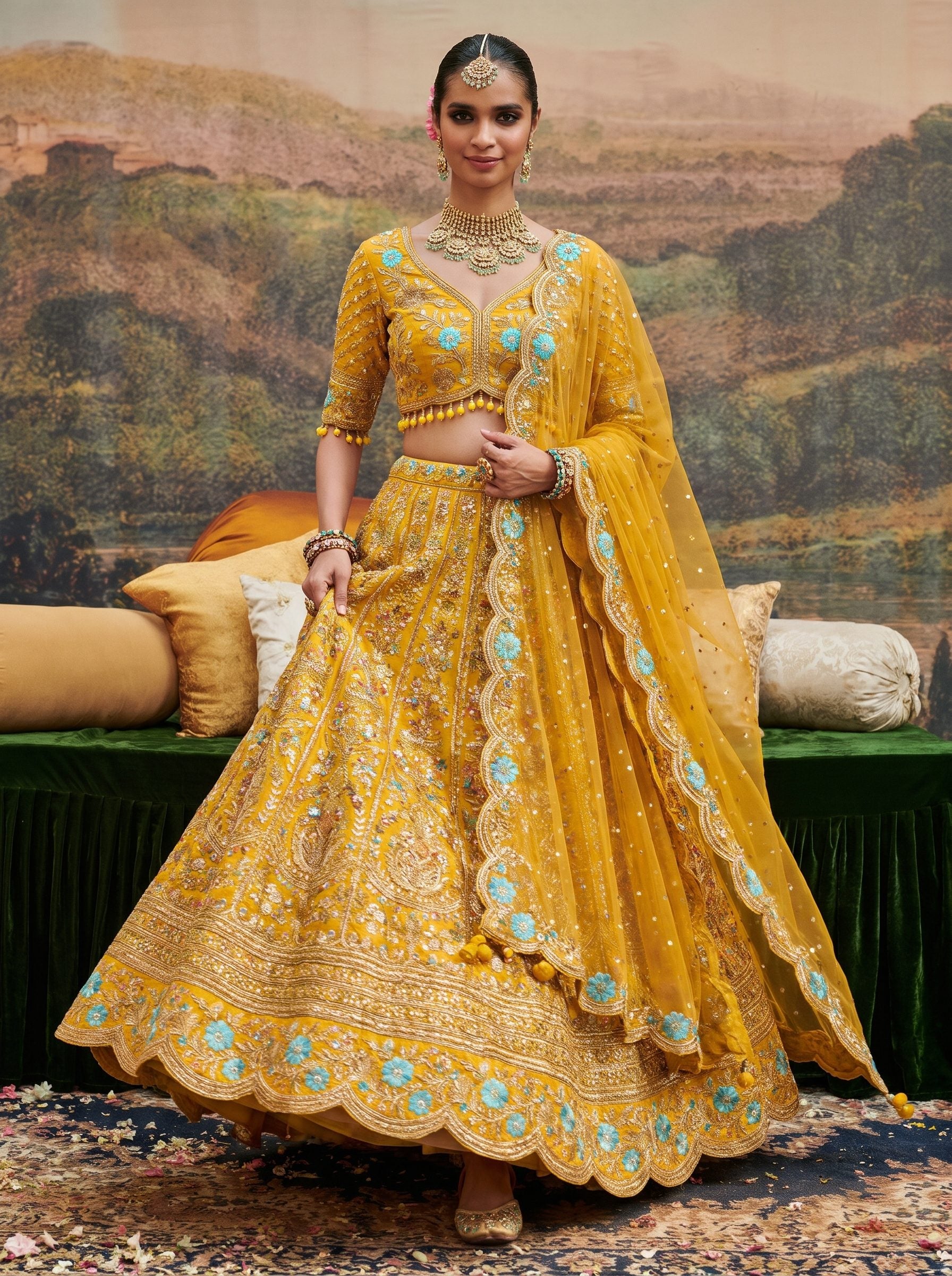 Mustard yellow silk embroidered lehenga set with dupatta - walking full look