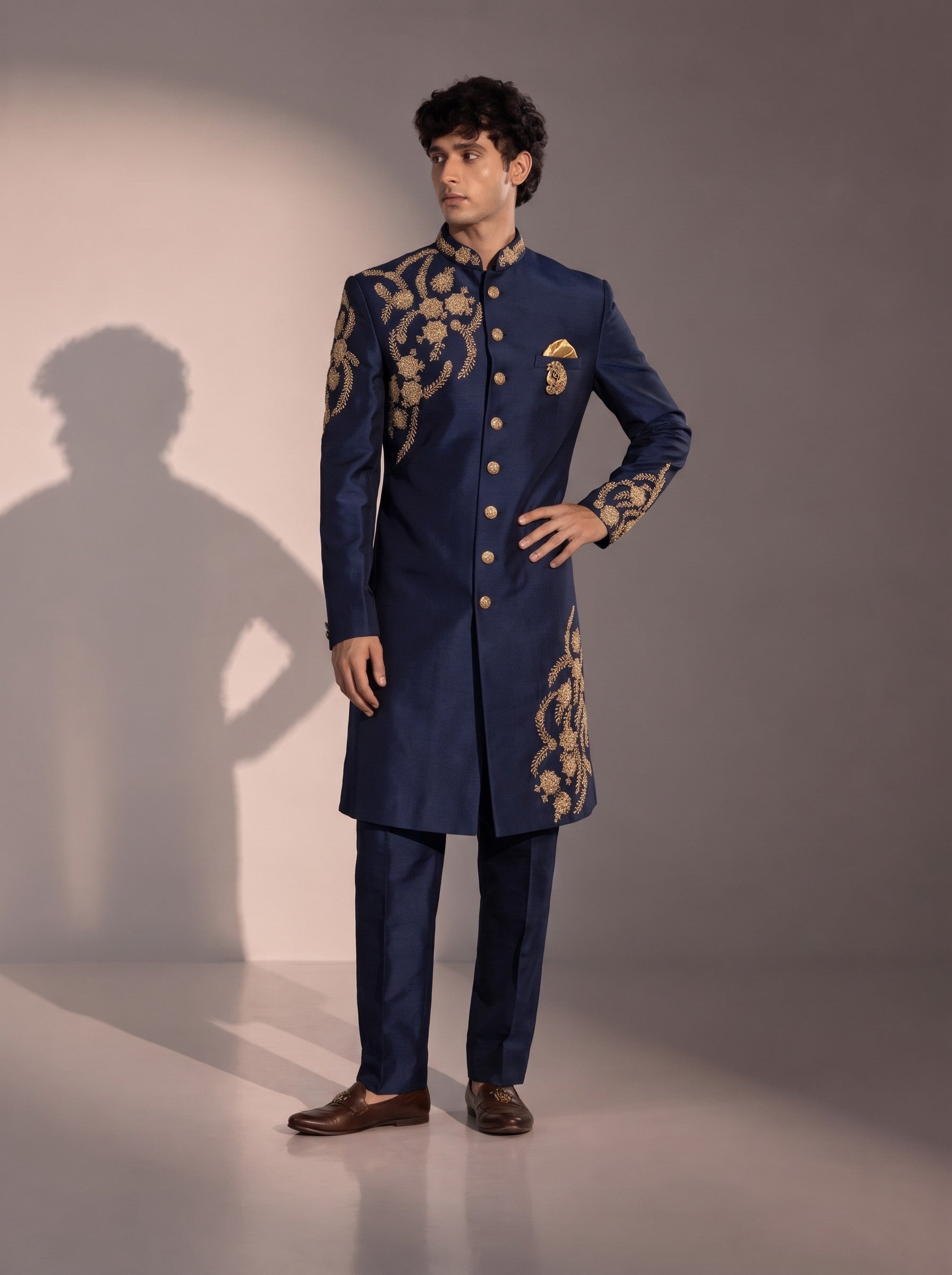 Navy blue embroidered silk indowestern for men with matching trouser - front view