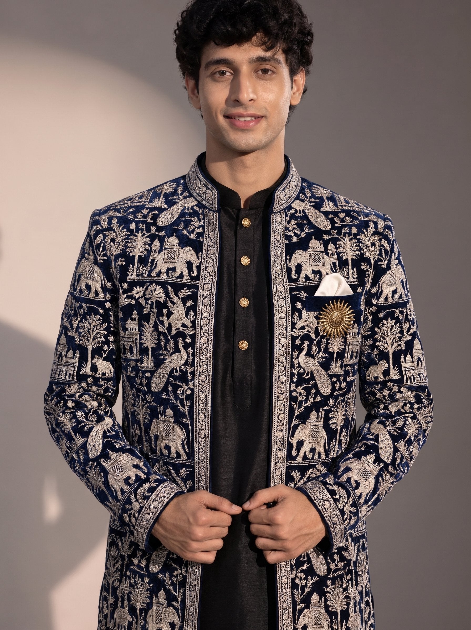 Navy blue heritage embroidered silk indowestern for men - close-up of collar and embroidery