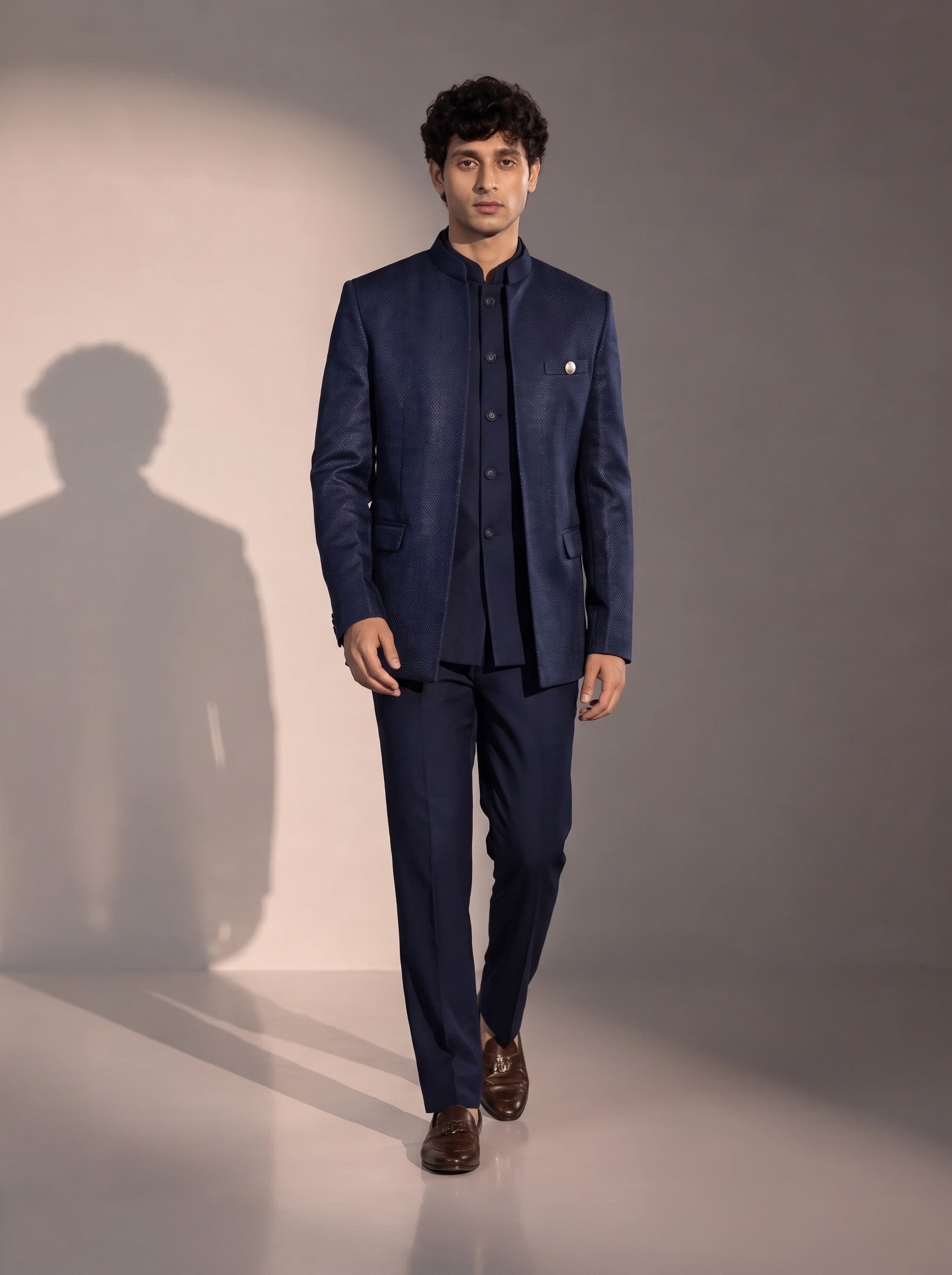 Navy blue textured jodhpuri indowestern suit for men - full look