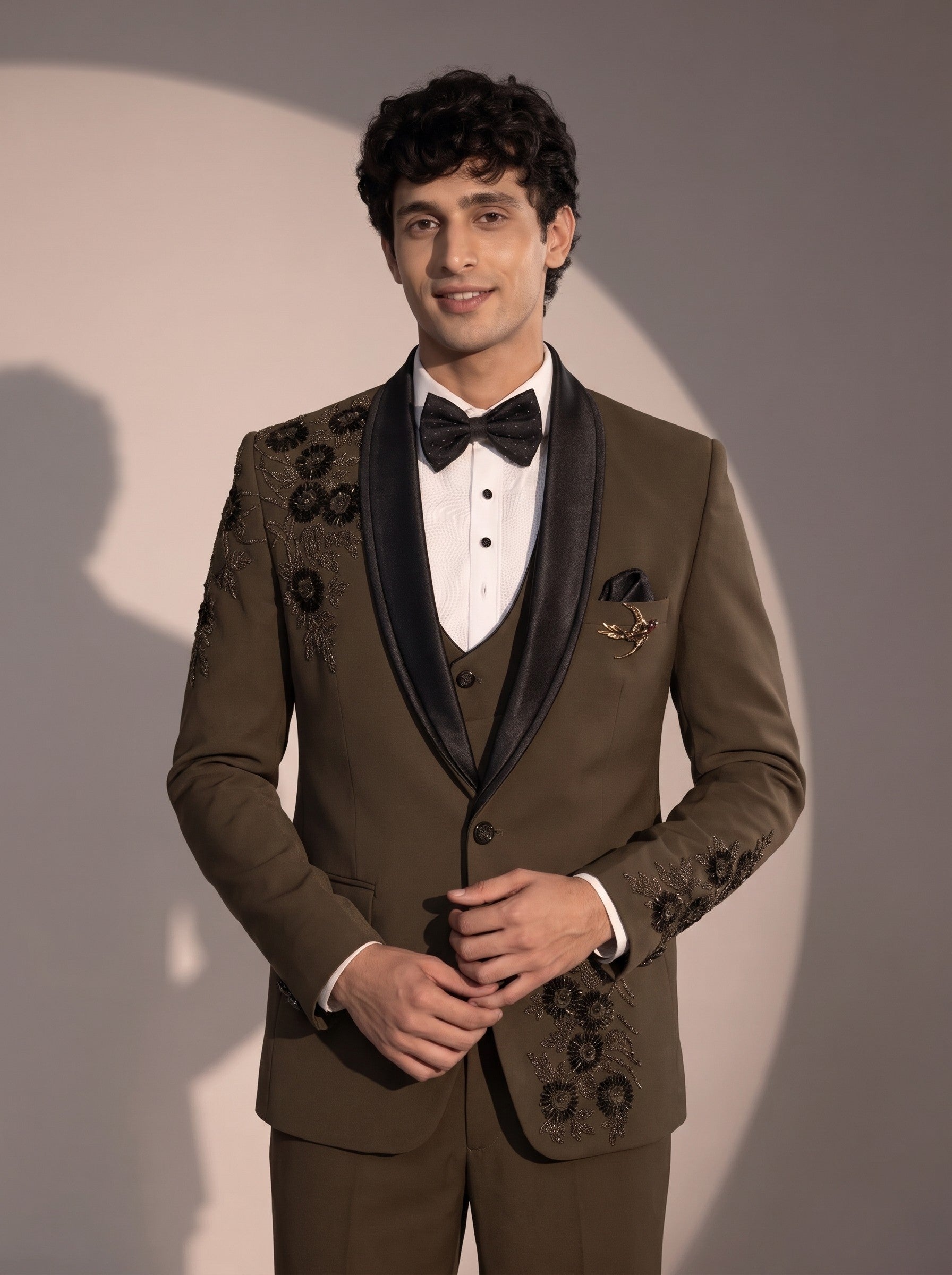Olive floral embellished tuxedo suit for men - close-up of lapel and detailing