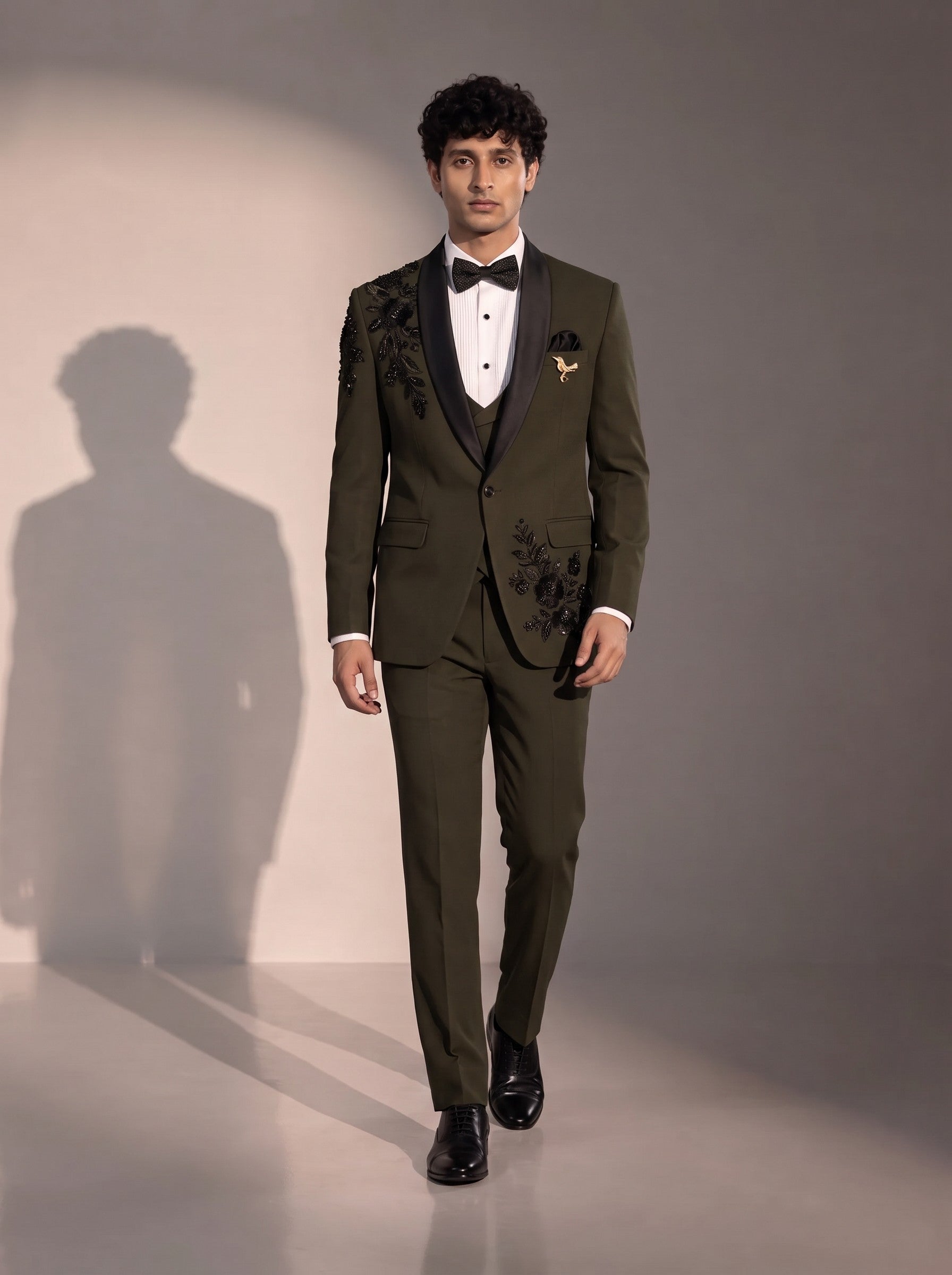 Olive floral embellished tuxedo suit for men - full look