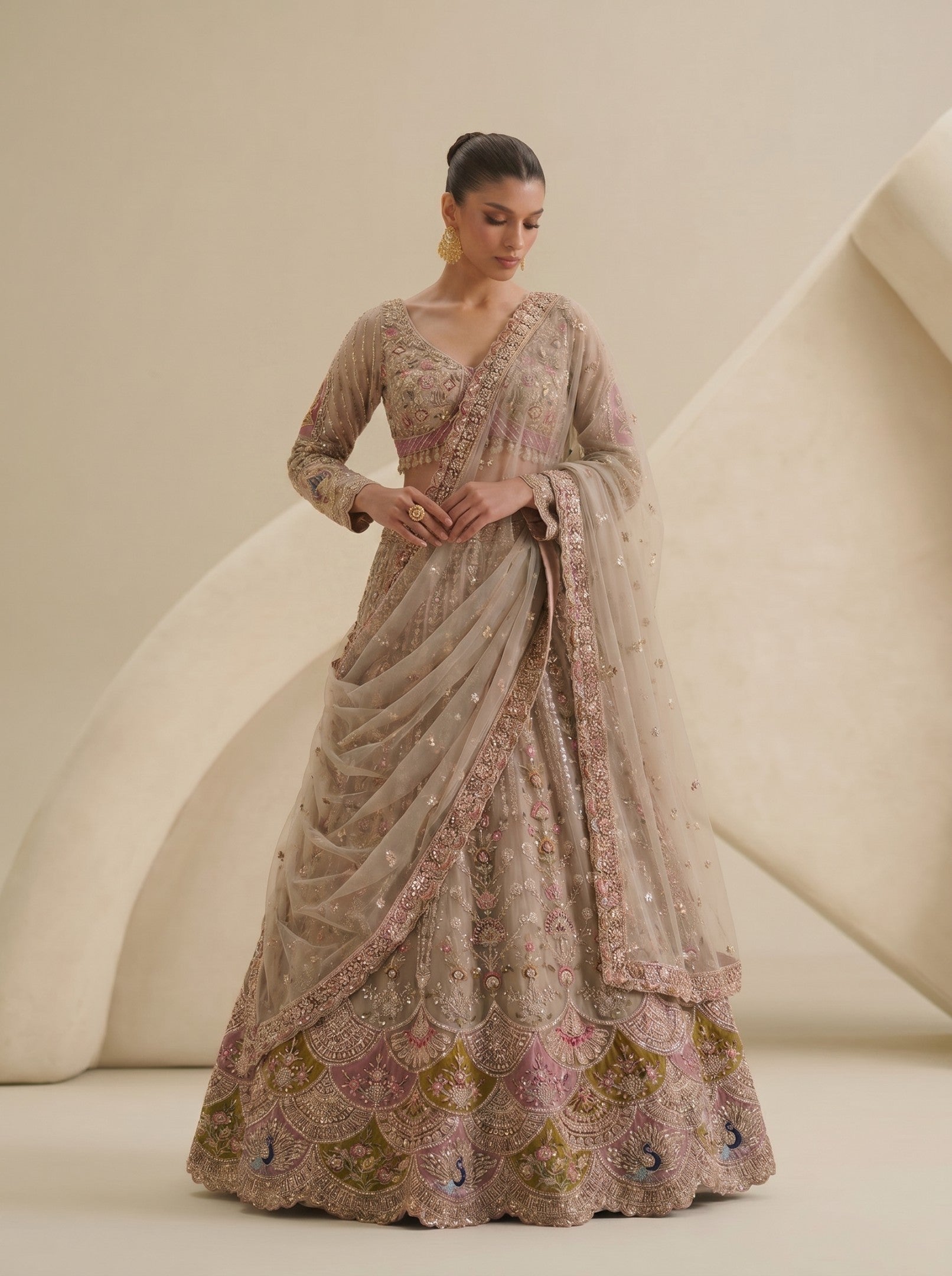 Multi Grey Embroidered Ready Blouse With Lehenga