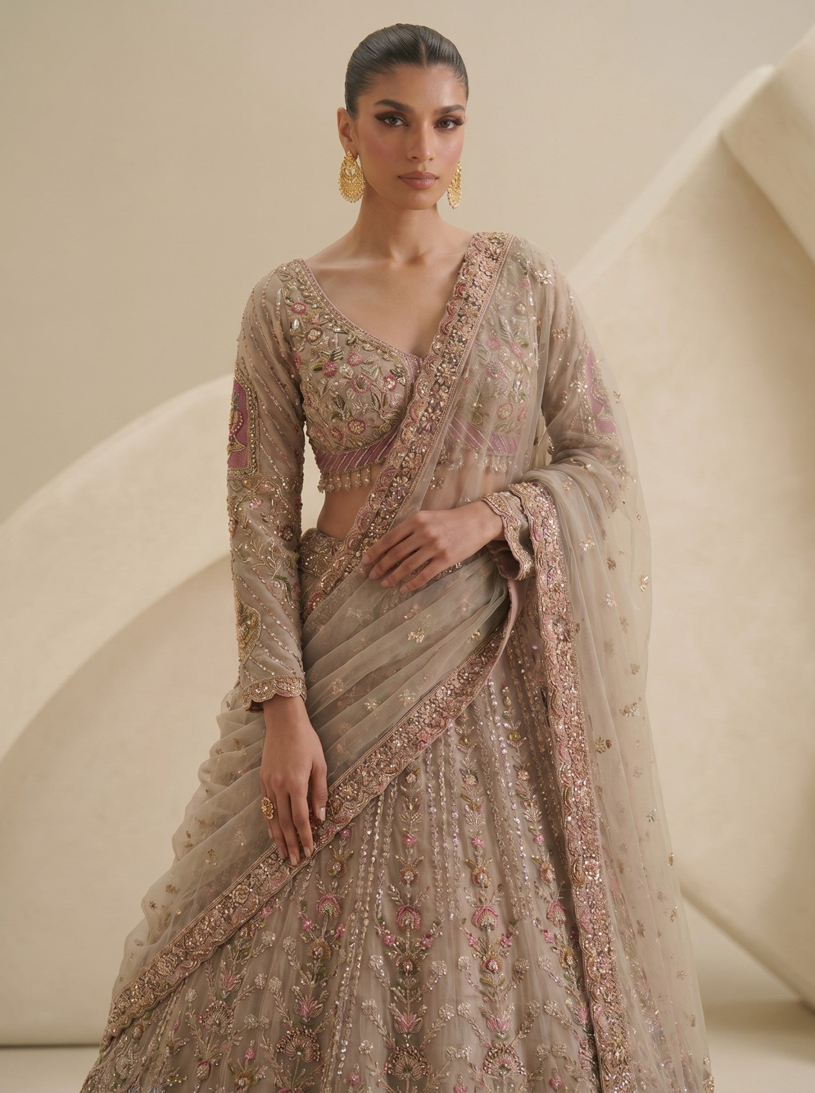 Multi Grey Embroidered Ready Blouse With Lehenga