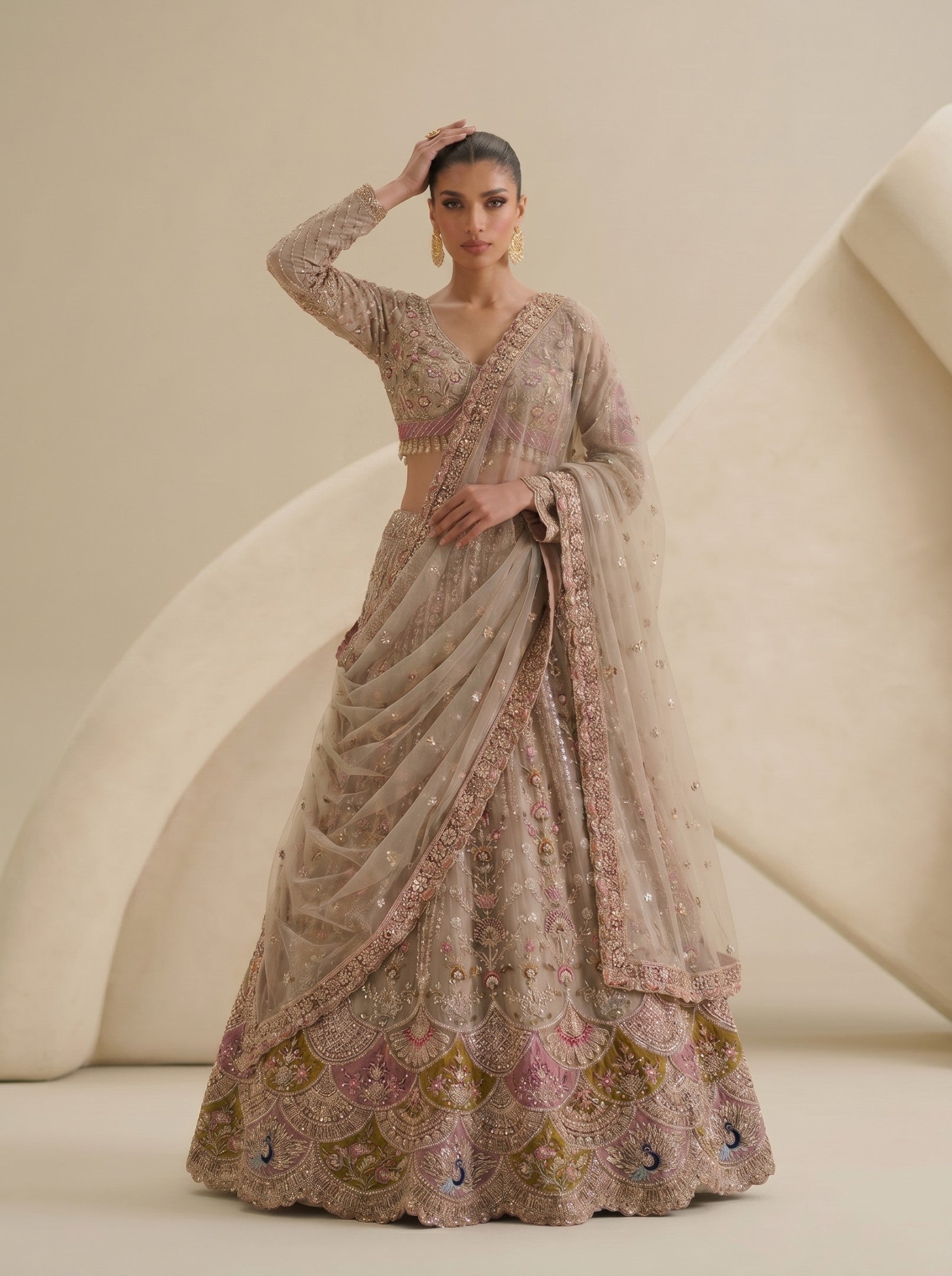Multi Grey Embroidered Ready Blouse With Lehenga